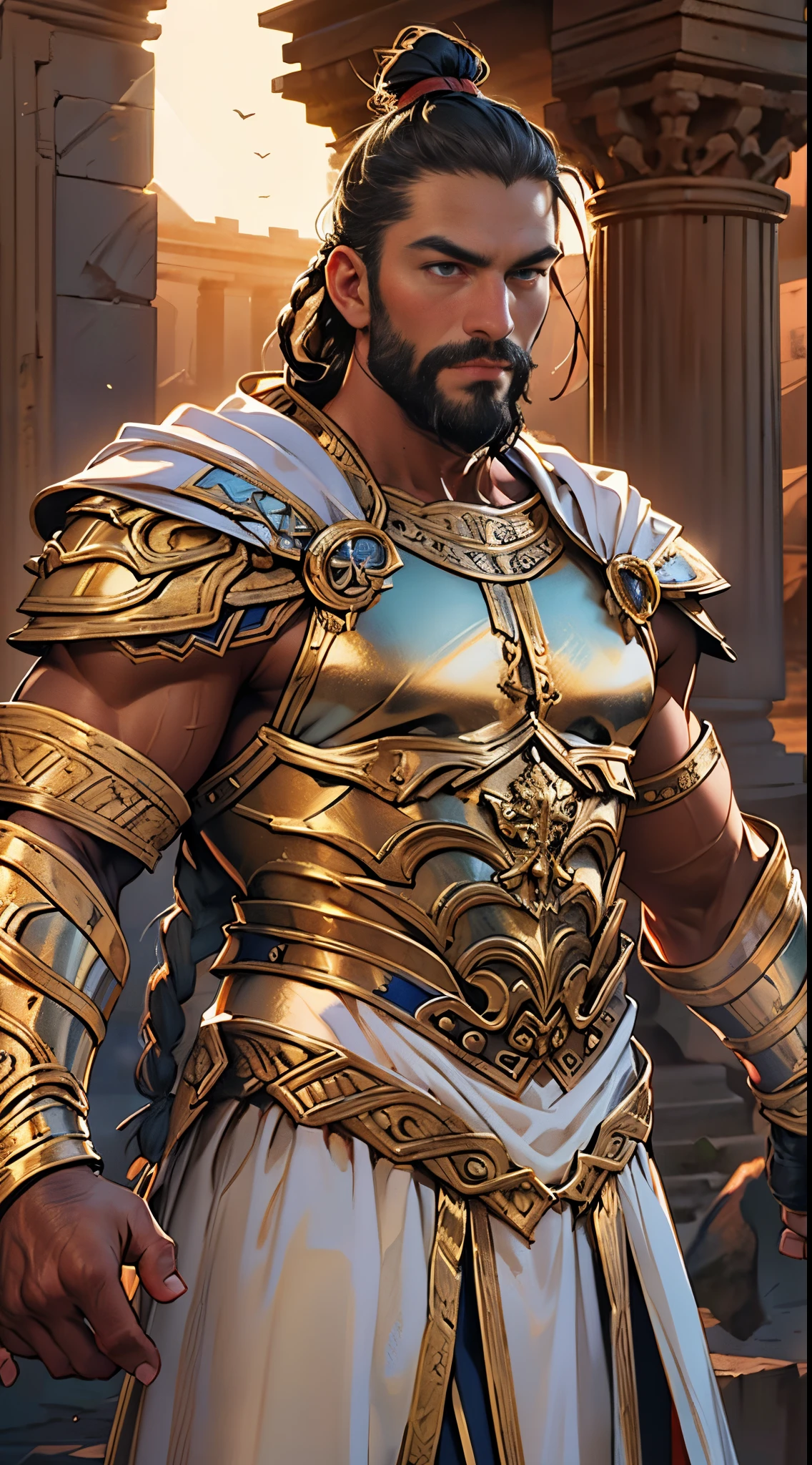 a Mighty Gladiator champion, (((frontal shot:1.2))), long dark hair ((man bun on top)), wearing a futuristic white and gold greek armor, realistic dark braided beard, detailed muscular physique, lifelike depiction, 4K resolution. Set ancient Rome at sunset in the background,32k uhd, best quality, masterpiece, super detail, high details, dynamic warrior pose