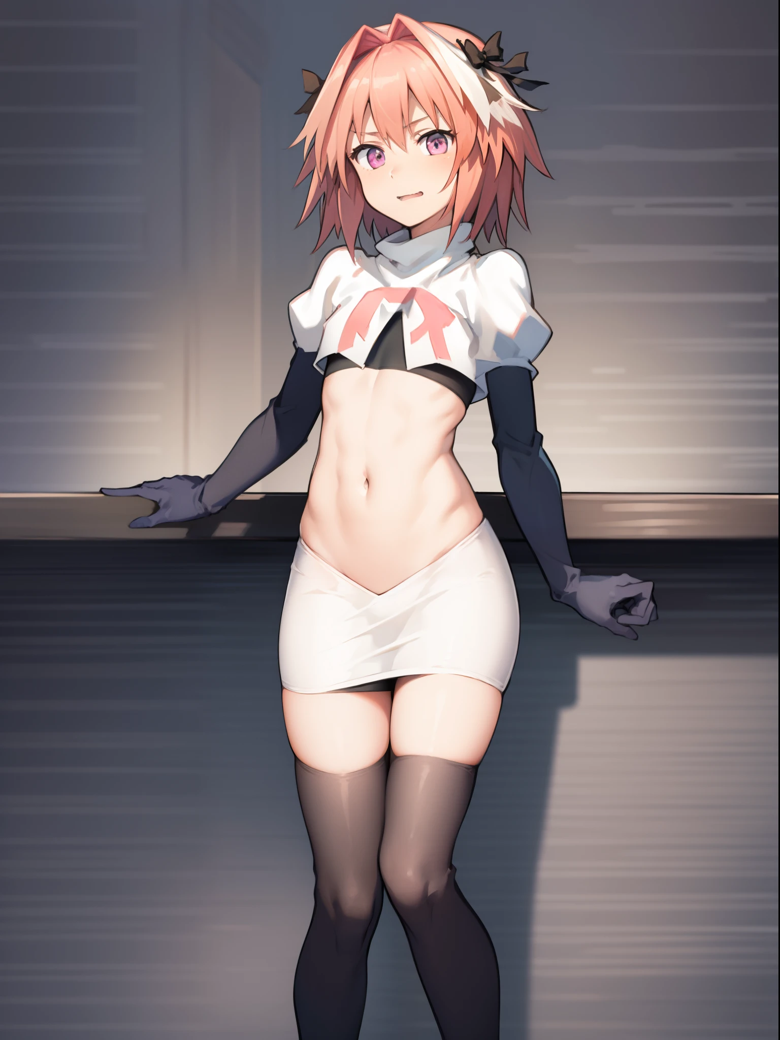 absurdres, masterpiece, best quality, (astolfo fate:1.2155), 1boy, male focus, trap, pink multicolored hair, pink hair, white hair, hair intakes, long hair, pink detailed eyes, crossdressing,1boy, team rocket,team rocket uniform, red letter R, white skirt,white crop top,black thigh-highs,black elbow gloves