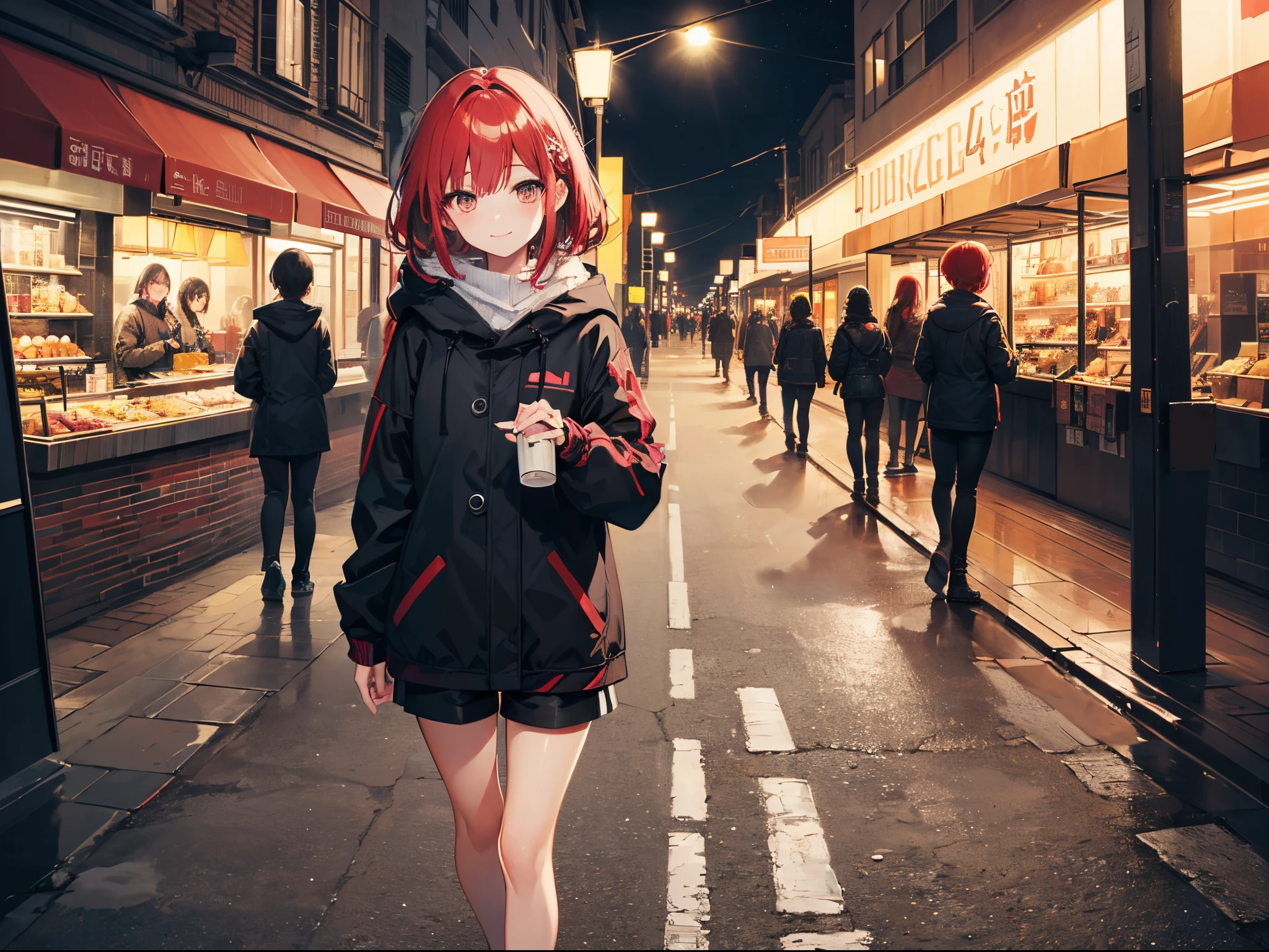 (((masterpiece)))、(((best quality)))、(((4k)))、(((8k)))、modern day、Girl walking in the city at night、1人、red hairs、Brown eyes、Beautiful eyes、Shining eyes、a smile、parka、shorts、espadrilles、natta、buliding、Beautiful lines、moonlights