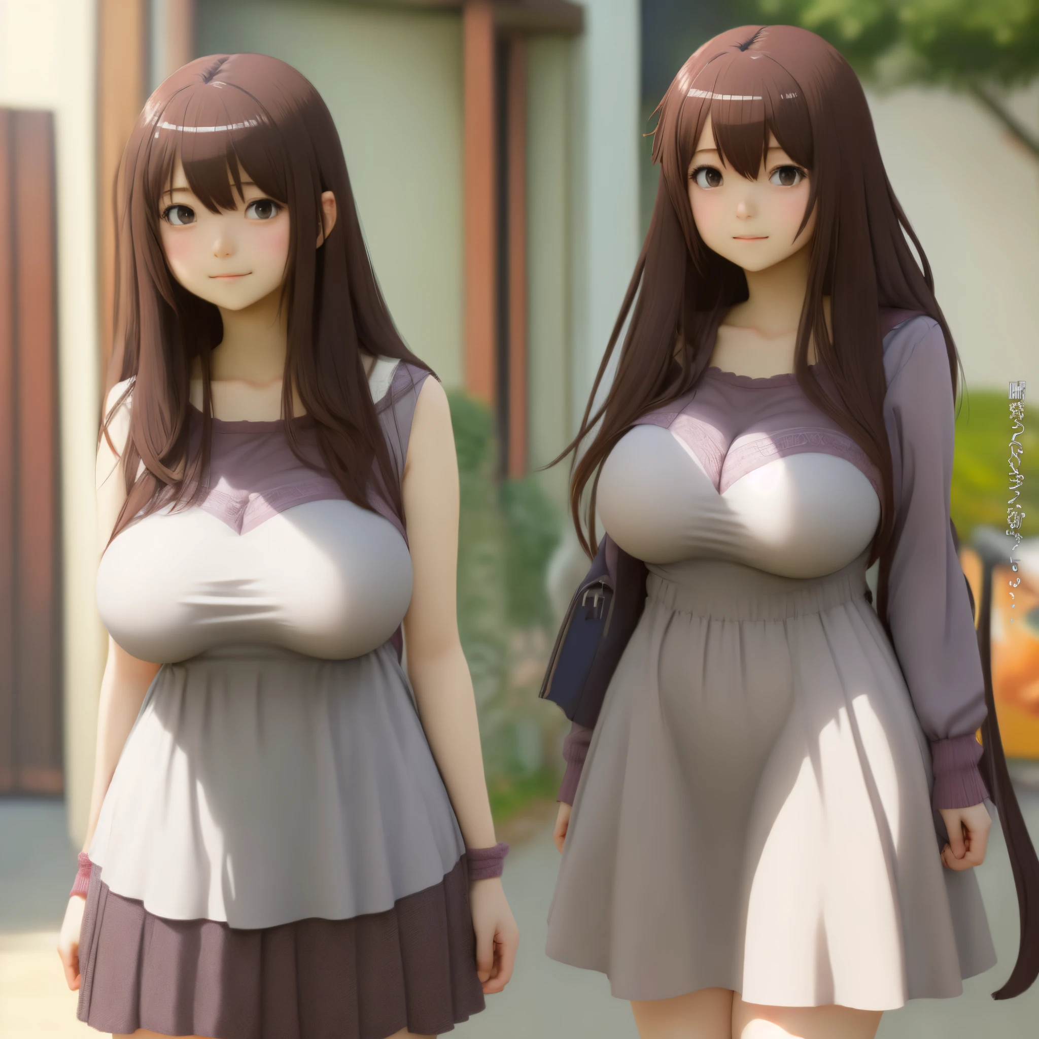 Petite, curvy anime girl with massive breasts, short, dark brown hair, shy expression