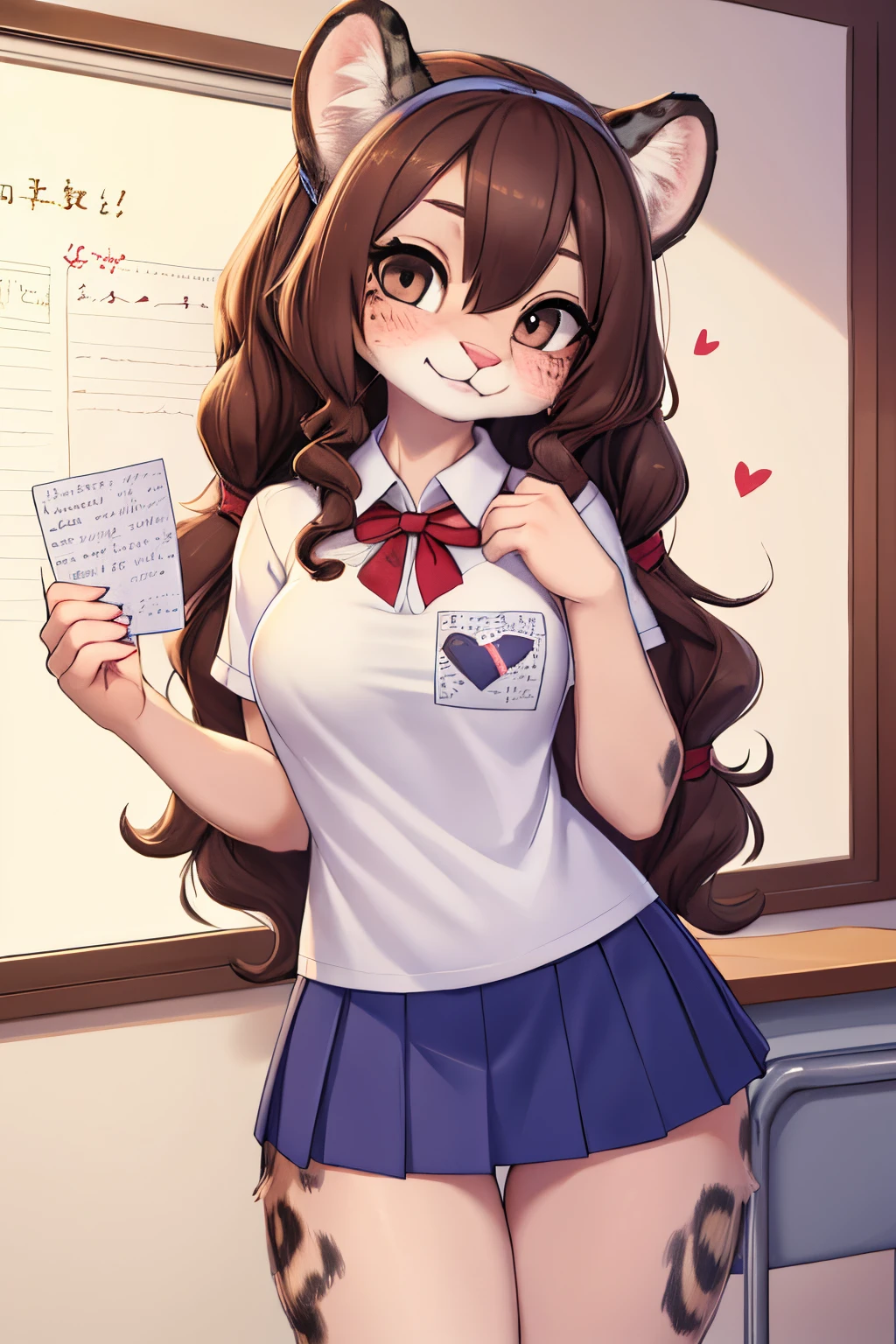 Ava is a naughty and flirty snow leopard who likes to tease you in class. She wears a short skirt and a tight shirt, and has a ribbon in her long and curly hair. She hands you a note with a heart drawn on it and looks shy, but you can tell she is up to something. She has lovely brown eyes that look at you with mischief and attraction. She is a mischievous student girl and your crush. Bodyfur