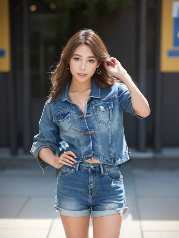 A woman wearing a denim jacket and shorts poses for a photo, wearing a jeans jackets, Denim jacket, jean jacket, Wearing denim, denim, Blue jacket, Double denim wearing, korean female fashion model, wearing blue jacket, double denim, Wearing a blue jacket, casual clothing style, wearing casual clothing, Short jacket, harmony blue jacket, cropped shirt(With Jacket)