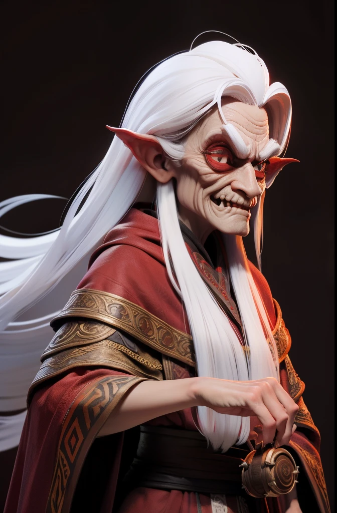 masterpiece, best quality, 1 old woman, witch, brown skin, white hair, long hair, skinny, very ugly, scary, very old, Indonesian, red magic robes, simple background, solo, upper body