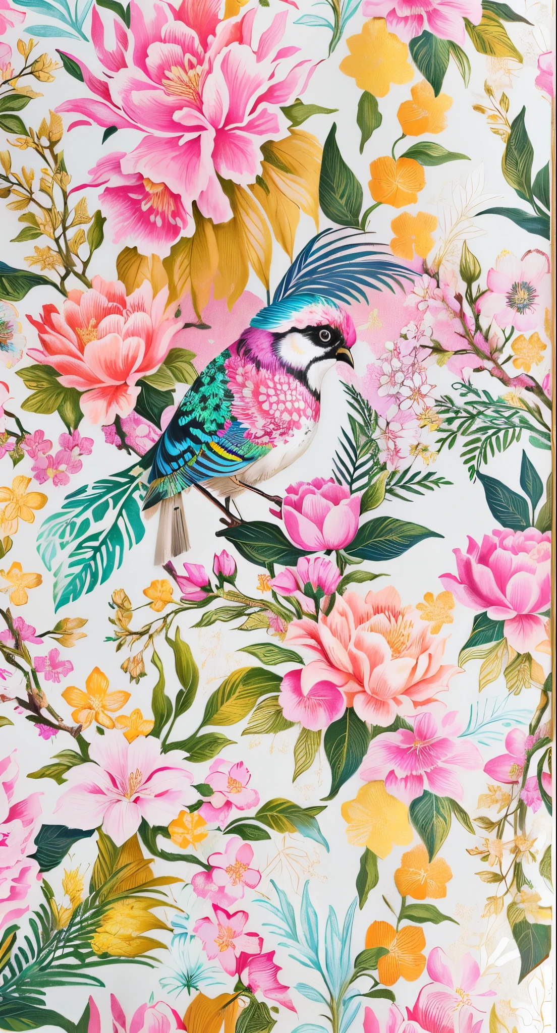 Floral print fabric close-up with bird, Fondo pintado floral, floral patterned skin, gilded. Floral, floral explosion, Floral!, large opaque blossoms, botanical rainbow backdrop, Floral details, floral patterns, floral bling, boho floral vines, with colorful flowers and plants, Garden floral pattern, floral wallpaper, flowery wallpaper