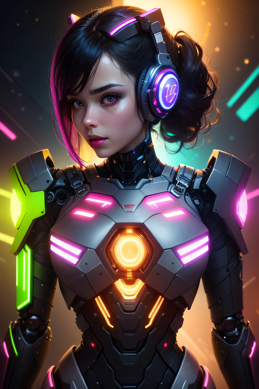 half portrait, Best quality, masterpiece, ultra high res, (photo realistic:1.4), surrealism, dream-like, metallic  luster, ((futurism))
1 girl, mechanical prosthesis,mech coverage,fluorescent mech armor, 
neon lighting,(vibrant glow:1.2),dynamic colors,striking contrast,futuristic vibe,electric energy,reflective surfaces,
CyberpunkAI, neon,  Deep Space Background