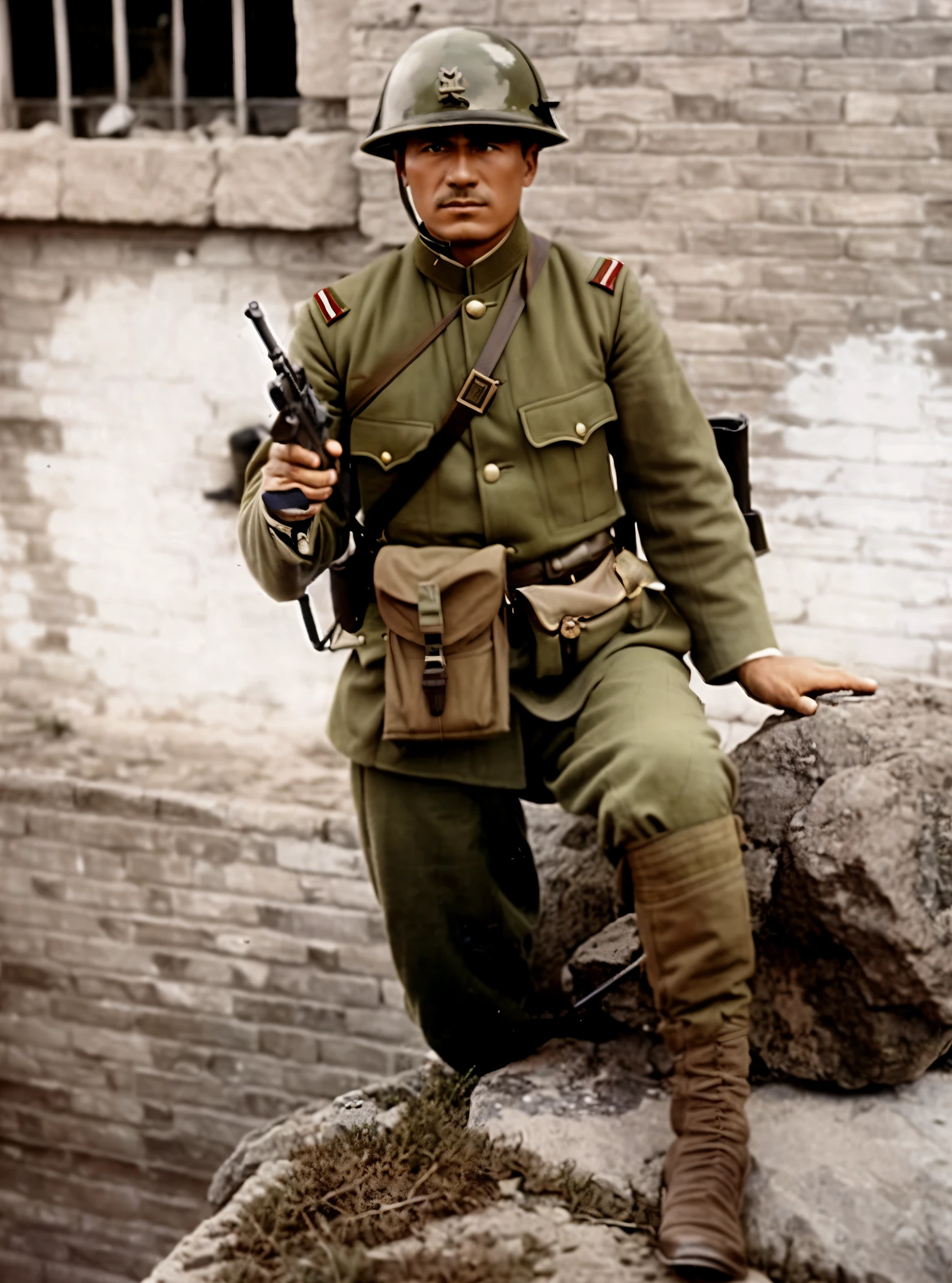 arafed soldier in uniform sitting on a rock with a gun, japan soldier in world war 2, colourized, colorized, wearing russian ww 1 clothes, kurdish soldier, colourised, award winning colorized photo, colorized photo, colorized photograph, a colorized photo, russian ww 1, 1 8 0 0 s soldier, colorized 1 9 0 4 photo, ww 1