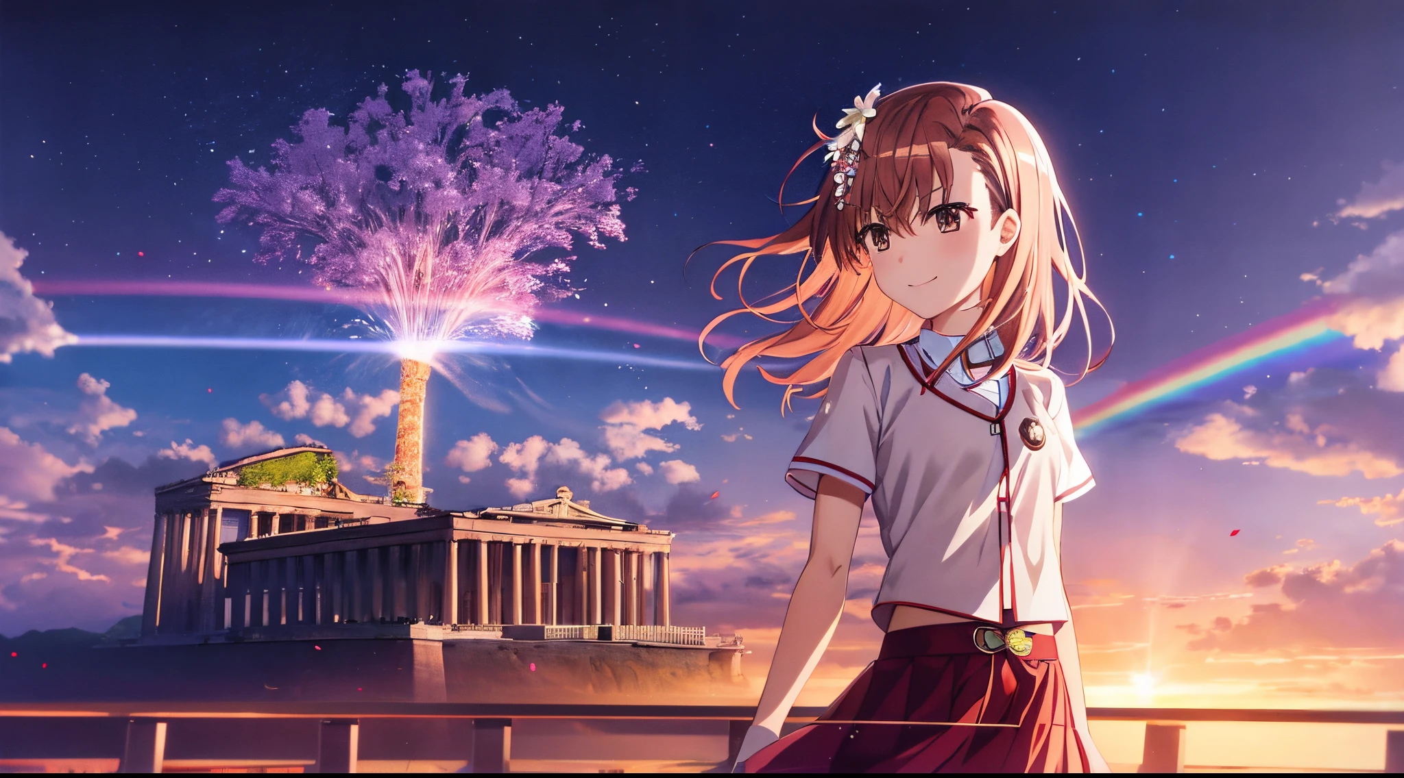 Anime view of Misaka mikoto, 1girl, teen girl, kawaii, solo, chestnut hair, hairpin,brown eyes, standing, looking at viewer,smile,arabian cloth,praying beads on neck, long skirt,flower fields in greek Acropolis waterfalls,rainbow clouds,anime style,deep depth of field,wide angle view,Lumen Reflections,Screen Space Reflections,Diffraction Grading,Chromatic Aberration,GB Displacement,Scan Lines,Ray Traced,Anti-Aliasing,FXAA,TXAA,RTX,SSAO,Shaders,OpenGL-Shaders,GLSL-Shaders,Post Processing,Post-Production,cell Shading,Tone Mapping,CGI,VFX,SFX,insanely detailed and intricate, 4K