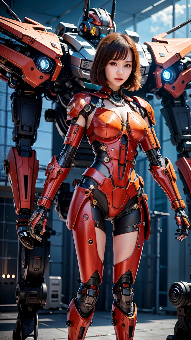 Create a detailed illustration of a red mech robot with a bulky and armored design. The robot has a strong and powerful appearance, with multiple segments and mechanical parts visible. It features a helmeted head with sharp angles, large shoulder armor, and heavily armored legs. The mech has a distinct red color scheme with accents of black and gold, giving it a formidable and imposing look.