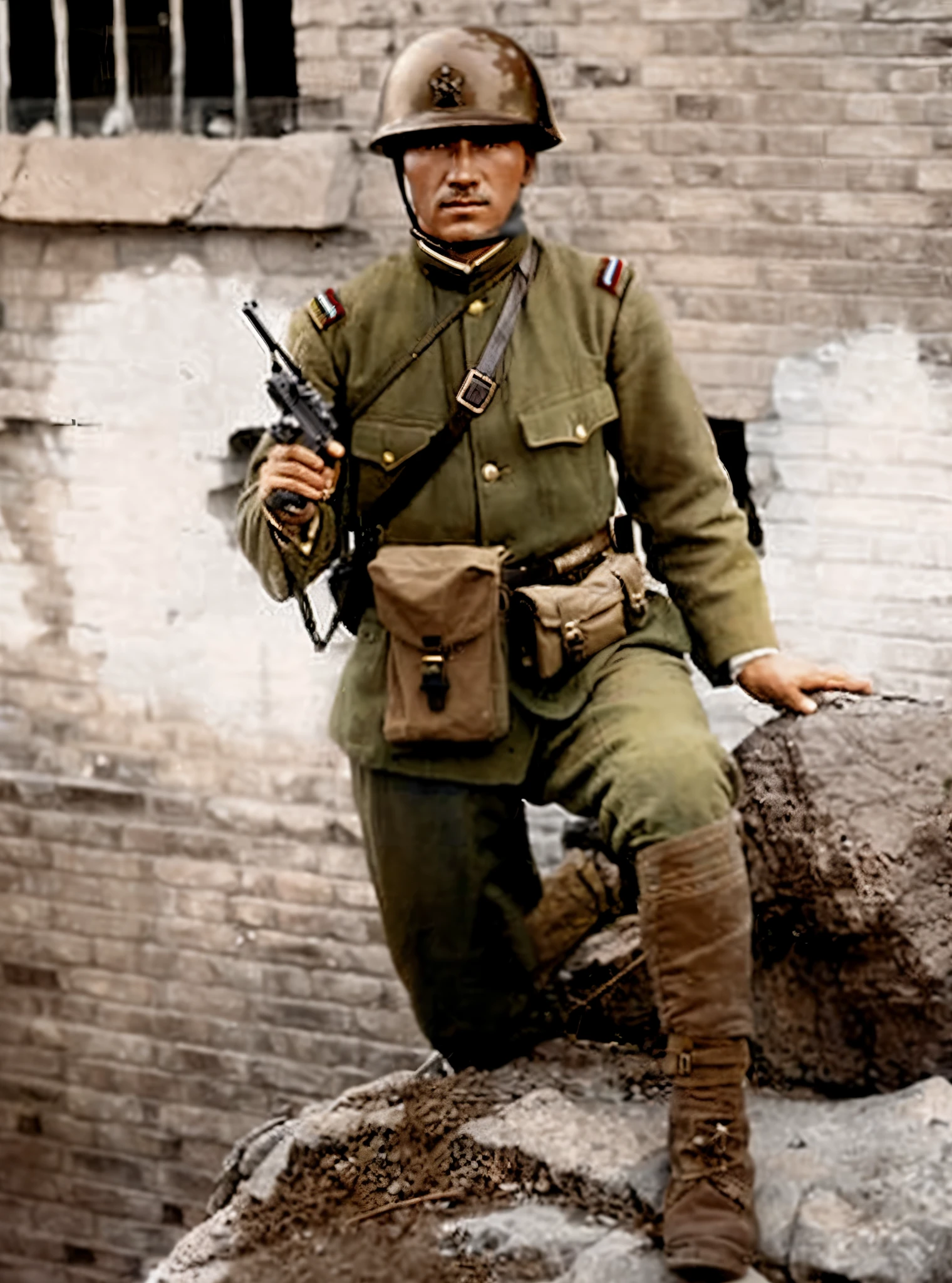 arafed soldier in uniform sitting on a rock with a gun, japan soldier in world war 2, colourized, colorized, wearing russian ww 1 clothes, kurdish soldier, colourised, award winning colorized photo, colorized photo, colorized photograph, a colorized photo, russian ww 1, 1 8 0 0 s soldier, colorized 1 9 0 4 photo, ww 1