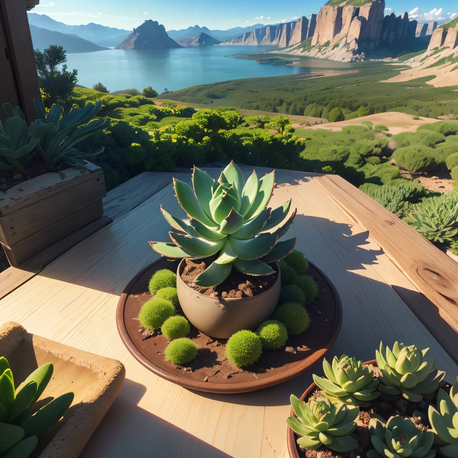 super high quality, (8k, RAW photo, realistic), detailed and delicate depiction and flashy and dynamic painting method, Echeveria, Aloe, Sedum, Crassula, Sempervivum, background field, (magnificent view:1.5), professional flare lighting