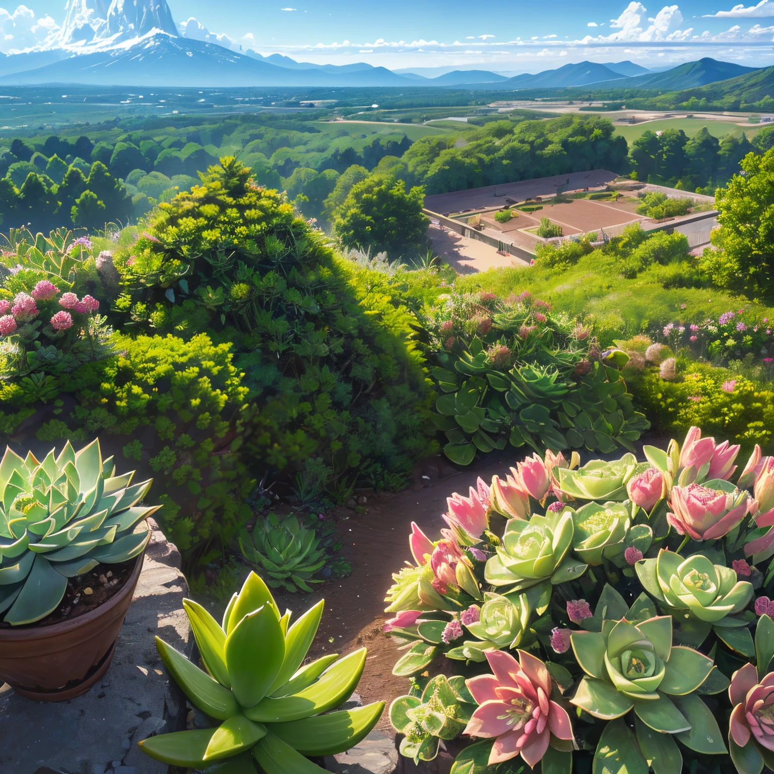 super high quality, (8k, RAW photo, realistic), detailed and delicate depiction and flashy and dynamic painting method, Echeveria, Aloe, Sedum, Crassula, Sempervivum, background field, (magnificent view:1.5), professional flare lighting