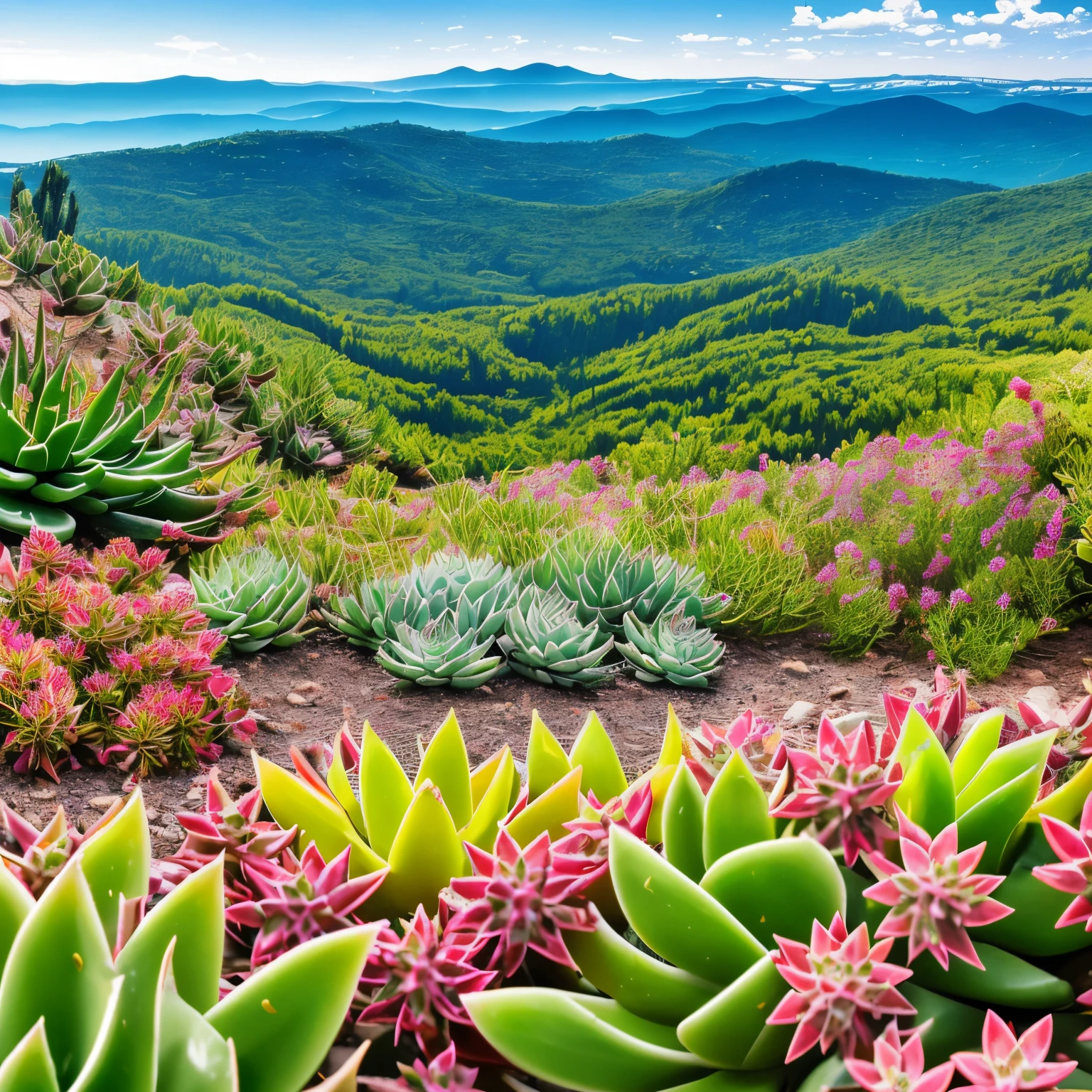 super high quality, (8k, RAW photo, realistic), detailed and delicate depiction and flashy and dynamic painting method, Echeveria, Aloe, Sedum, Crassula, Sempervivum, background field, (magnificent view:1.5), professional flare lighting