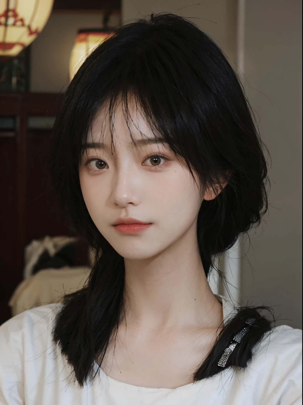 best qualtiy,tmasterpiece,超高分辨率,(realisticlying:1.4),1girll,Raised sexy,voluminous hair,Delicate face,Vivid,Real girls,(1.1)(brassier:1.2)largeaperture,cleavage,Wearing a white t-shirt dress,macro shot,Very plump,Looking at you,good eyes looking,