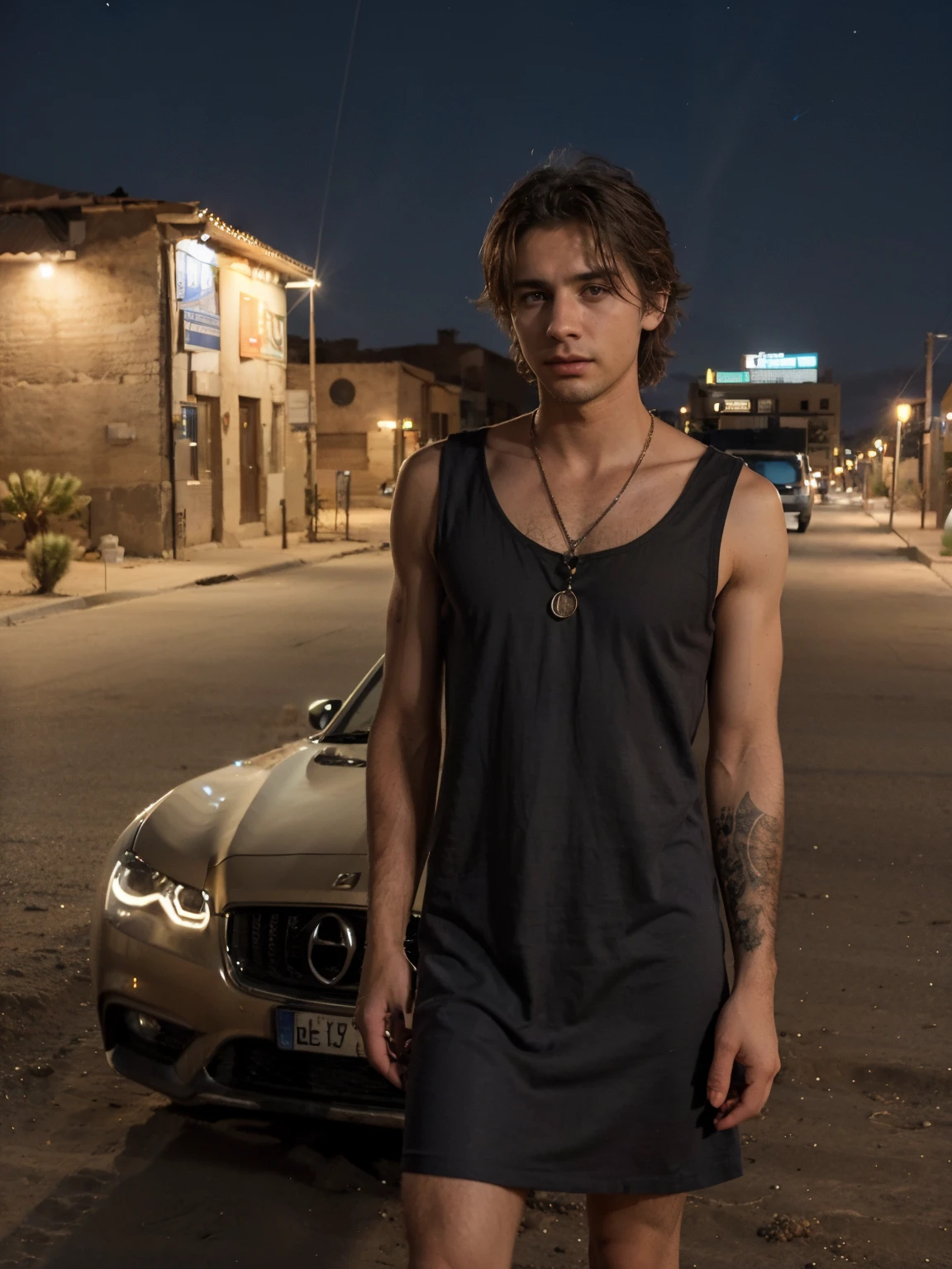 un chico, vestido con un estilo despreocupado, somewhat disheveled, sentado en la parte delantera de un auto, un fondo nocturno, on a desert plain, agrega un pueblo en el fondo, realista, 4k, super-realistic, con un bulto en su entrepierna.