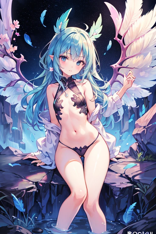 Digital Illustration, Pixiv, 8k Resolution, HDR, Bokeh, Watercolor, Cute, Beautiful Child, Harpy, Arms Are Wings, Very Well Shaped Beautiful Face, Slender Body, Flat Chest, Legs Are Bird Claws, Face Is A Beautiful Human, Buttocks Are Not Large, Navel, clothes made of lots of feathers, Several Feathers Live In High Mountains Of Rocks, Mixed With Some Hair, PsyAI