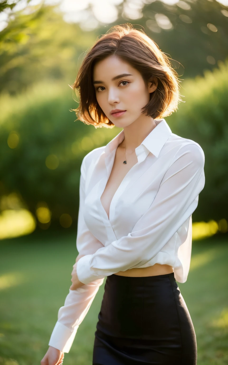 ((top-quality、8K、masterpiece: 1.3))、Perfect Body Beauty: 1.4、Slender Abs: 1.2、Beautiful woman with slender abs:1.3、(Highlight Haircuts、Breast A Cup:1.2), small breast, round shape breast, perfect shape breast, ((( black silk pencil skirt, white shirt, opened shirt , part of black bra))), pubic hair,hight pubic bone, simple necklace, hyperdetailed face、18year old、 Pretty women、(Dark brown short-cut hair), Slim Face、Highly detailed facial and skin texture、very detailed lips、opens legs、top-quality、masterpiece、超A high resolution、(Photorealsitic:1.4), walked forward confidently, spreading her arms, long shot , (outdoor), bright background, sunset light,