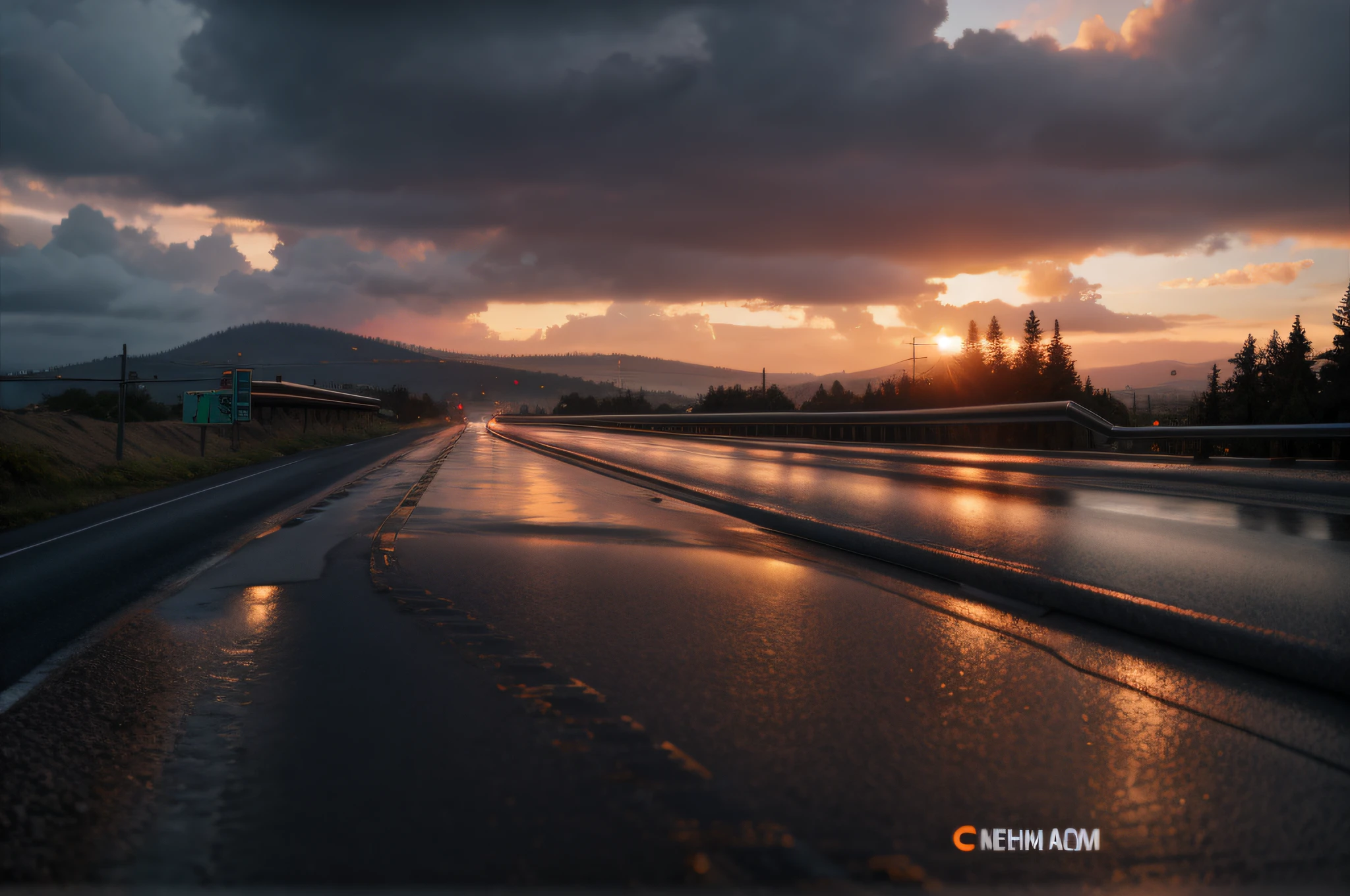 view of a wet road with sunset in the background, rainy daytime. Game Rendering, wet road, Wet Dark Road, Golden hour 8k, Golden hour 8 K, Dark wet road, gloomy weather. A hyper-realistic, Pouring rain, Альбомный рендер 8 K, highway & Sunset!!, Realistic. Octane Render, Рендеринг Cryengine 8 k