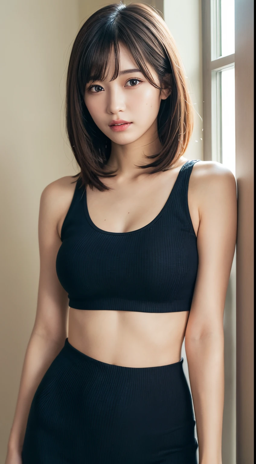 (top-quality、超A high resolution、masterpiece:1.3), masutepiece, Midhair with bangs, Detailed moisturized eyes, Textured skin, Best Quality, Illustration, Ultra-detailed, finely detail, hight resolution, 8K, Wallpaper, Perfect dynamic composition, Beautiful detailed eyes, Natural Lip, Tank Tops, Big breasts, cleavage, Full body, navel-baring, Random sexy poses, (long thin legs)