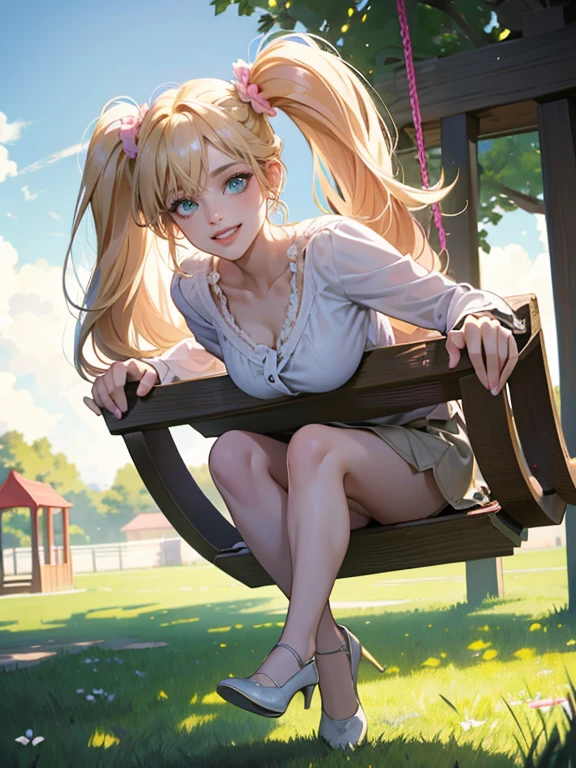 mature woman, medium breasts, pale blonde hair with bangs, hairstyle: low braided pig-tails, bright green eyes, pink lips color, smiling happily at viewer, Surrealism, anime style, depth of field, 8k, super detail, high details, Cinematic lighting, night time, shadow over face, Close-up, camera from the bottom up, hyper HD, Masterpiece, High details, detailed light, detailed shadow, detailed background. wearing a white shirt and ripped jeans, full body image, background: park, trees, grass, playground, pose: sitting on a swing at playground