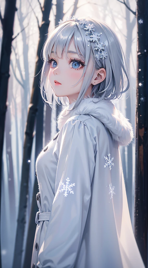 Masterpiece designs by the world's top AI artists, top-quality, 8K，Good anatomy、1girl in, Silver hair, short-hair，detailed winter clothes, Winter Forest, Snowflake, Soft cinematic light, elegent,  Back lighting, sface focus, brilliance, From Side, look up to、snowflakes falling