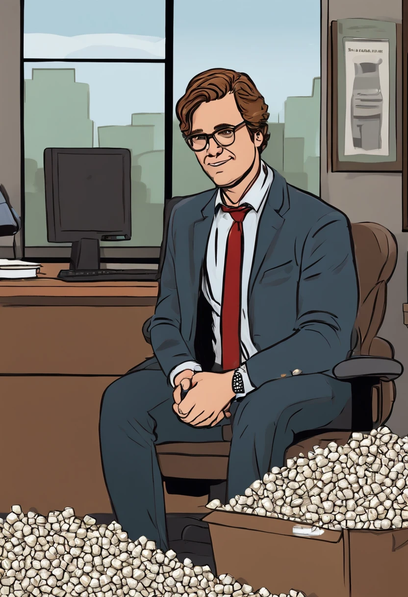 A photo of me filling Dwight's office chair with packing peanuts while he's away,The Office (U.S. TV series),Jim Halpert, a fictional character from the U.S. television series “The Office,” is portrayed as a tall, lean figure with a boyish charm, often seen in standard office attire: a simple button-up shirt and tie. His hair is typically styled in a casual, slightly unkempt fashion, complementing his laid-back and approachable demeanor.