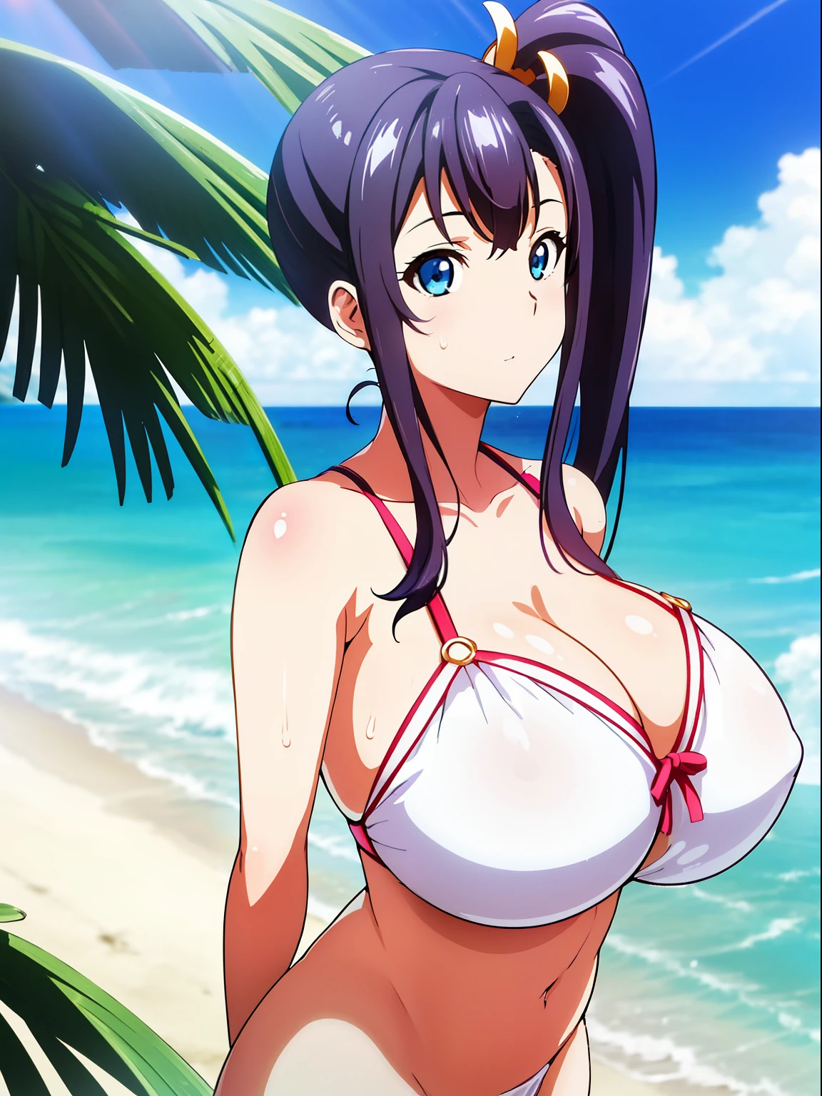 Beach,Palm Tree, Sun,Sea,Blue sky, 鎖骨, Bare shoulders, Blue eyes, Purple hair, Bangs,Side Ponytail, Hair Ornament, 1 girl, 20yr old,infp young woman,Beautiful Finger,Beautiful long legs,Beautiful body, Beautiful nose,Beautiful character design, Perfect eyes, Perfect face,Expressive eyes,Perfect balance, Looking at Viewer,(Focus on her face),Closed mouth, (Innocent_Big_Eyes:1.0),(light_Smile:0.3), Official art,Highly detailed CG Unity 8K wallpaper, Perfect Lighting,Colorful, Bright_front_Face_Lighting,White skin, (masutepiece:1.0),(best_quality:1.0), 超A high resolution,4K,Ultra-detailed, Photography, 8K, nffsw, hight resolution, absurderes:1.2, Kodak Portra 400, Film grain, Blurry background, Bokeh:1.2, Lens Flare, (Vibrant_Color:1.2),professional photograpy, (Beautiful,Chest bare,teats,Gigantic breasts and small breasts:1.6), (Beautiful_Face:1.5),(narrow_waist), (Standing Picture),