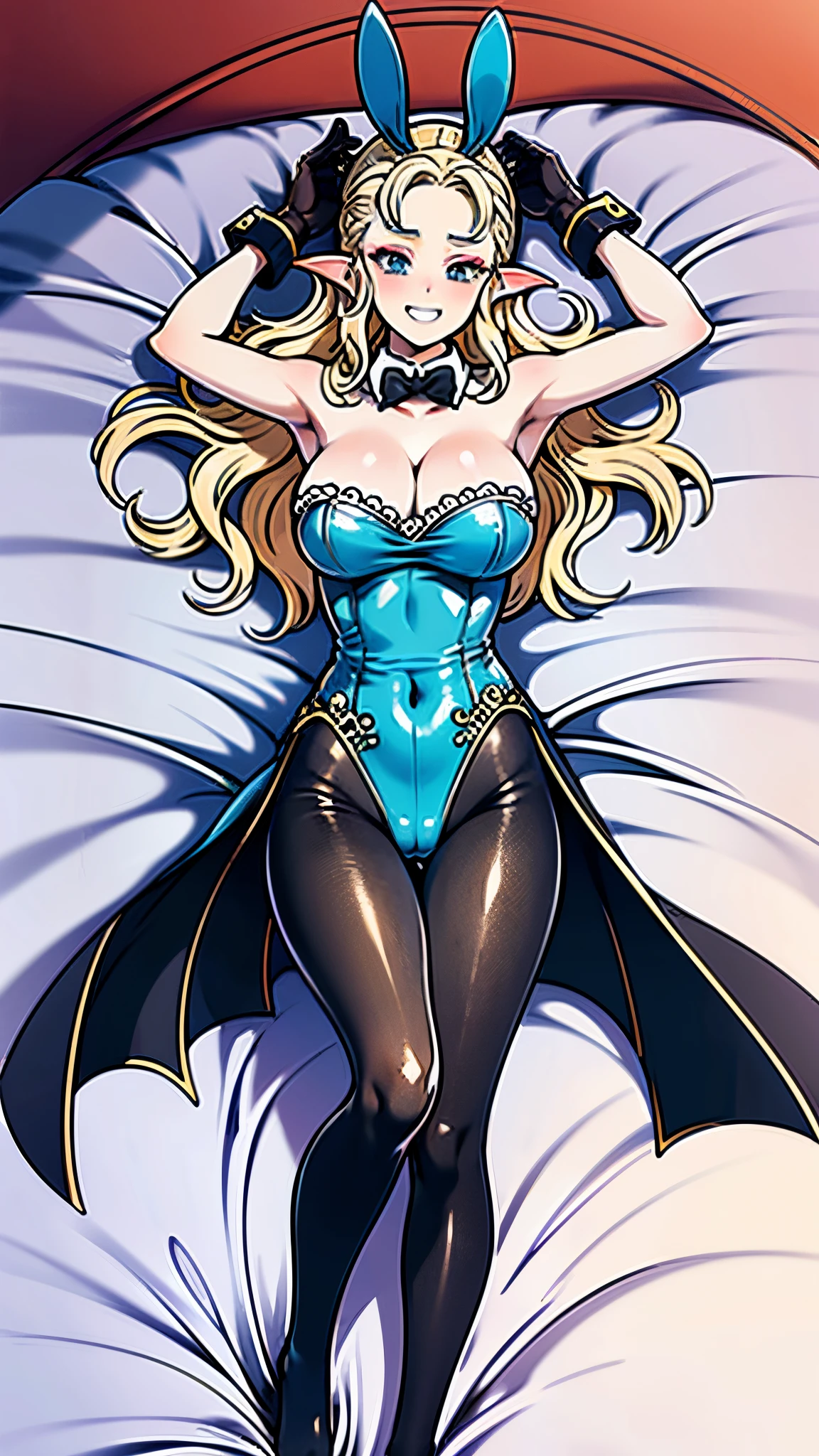 8K, high quality, married, beautiful, bright, eye highlights, sexy, erotic, beautiful line drawing, light blue skin, blue and orange gradient ear fins, bunny girl, bunny suit, net tights on legs, lying on bed, centered description, described from a head to waist,
