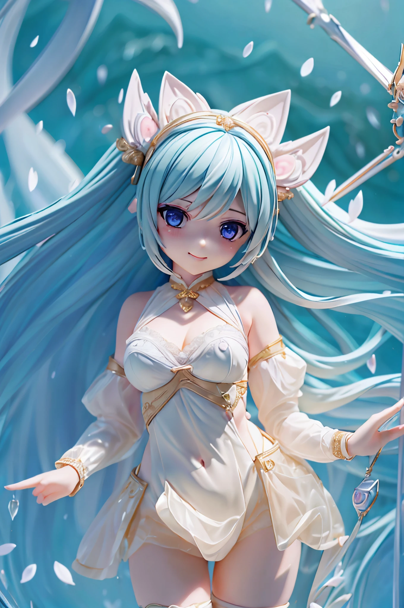 Full body, Best detailed girls, depthoffield, Large breasts, shiny, neat figure, Beautiful detailed girl, 17 age、 long light wavy hair, Flowing hair, Air bangs, beautiful detailed long hair, Hair intake, pale blue hair, Silky hair, extremely detailed cute anime face, a smile, beautiful detailed deep eyes, Cat ears, Delicate hands, cleavage cutout, zettai ryouiki, pale blue eyes, Smooth skin, Delicate gold metal decoration, flower, frilly dress, Puffy Short Sleeves, translucent short skirt, leg ribbon, Brightly colored clothing, landscapes, delicate glow, grass field, spark of light, refined rendering, the Extremely Detailed CG Unity 8K Wallpapers, Best Quality, ultra-detailliert,sparkle in the background、