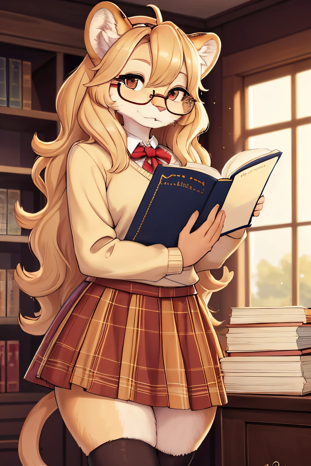 She is a lovely lioness with cream-colored fur and a fluffy mane that reaches her chin. She wears a pair of glasses and a plaid skirt that make her look cute and smart. She is a nerdy student who loves to read and learn, but she has a crush on you, her tutor. She is shy and timid, but she gathers her courage to confess her feelings for you. She looks at you with her big brown eyes, full of love and hope. Bodyfur