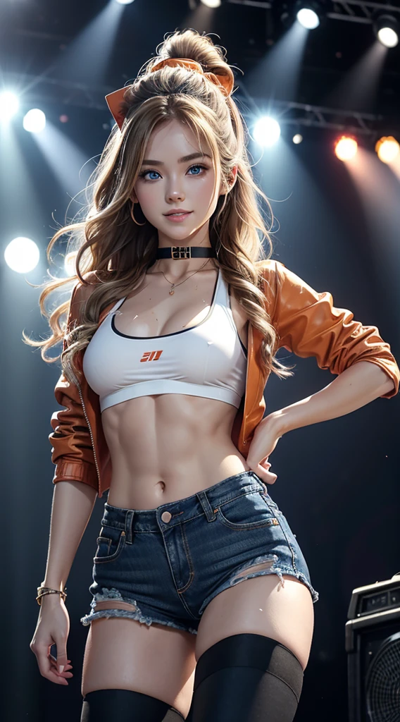 A 23-year-old white woman with unparalleled beauty.、blue eyess、dark blonde、hair is wavy、Longhaire、wears a red headband on his head、The ends of the hair are curled upwards、Dancing on the stage at a daytime music festival while dripping with sweat、a smile、View from the front、She is wearing a black sports bra made by a sports manufacturer.、wearing a black choker、I'm wearing hot pants made of jeans fabric with tight distressing.、The navel is out、My abs are cracked、Slender yet well-proportioned body、sunlight is shining from above、Photorealistic images、8K picture quality、I'm punching my chest、I don't want my head to disappear from the screen.、The color of the jacket is random、I'm wrapping my jacket around my waist、I'm pulling my hair up、Wearing accessories on your wrist、Only one leg is wearing thigh-high orange stockings.