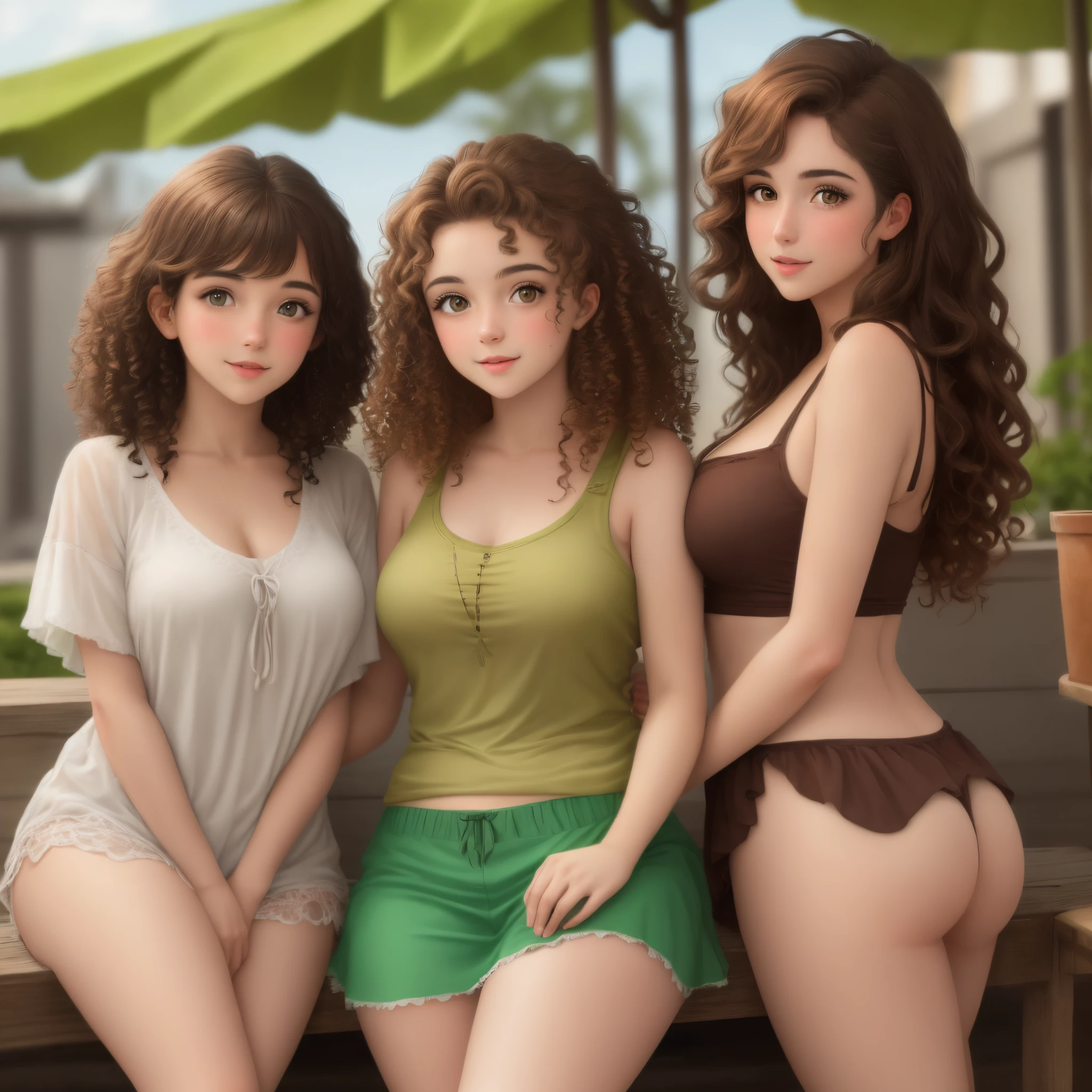 Irish/ Brazilian girl with greenish brown eyes and brown curly hair, around 5’7