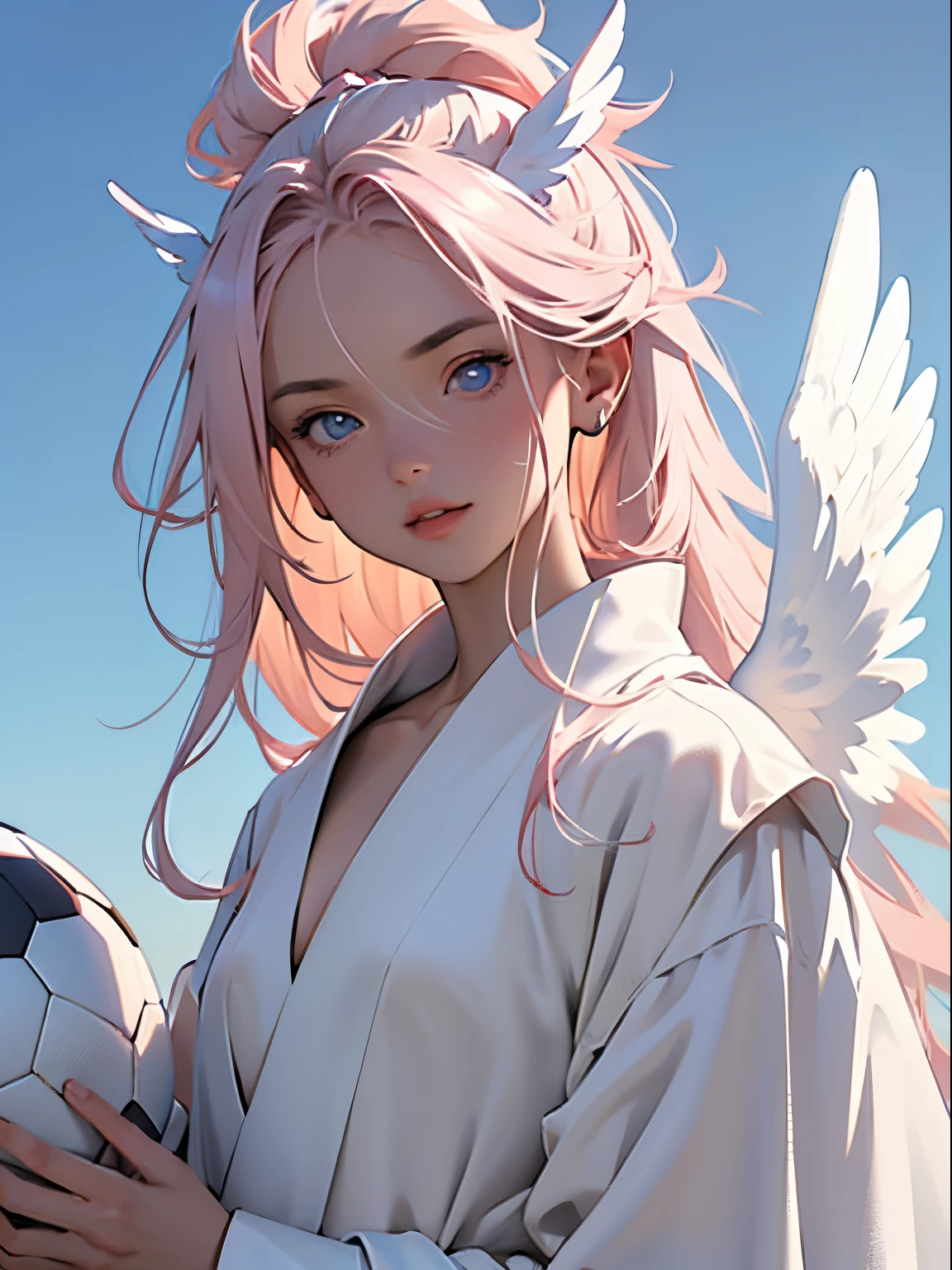 ((RAW photogr)), ((tmasterpiece)), Anthropomorphic humanoid angel girl wearing white noble robe, Complicated details, soccer ball, Complex works by Gribos, The sky behind, Pink, Beautiful wings, Detailed eyes and lips