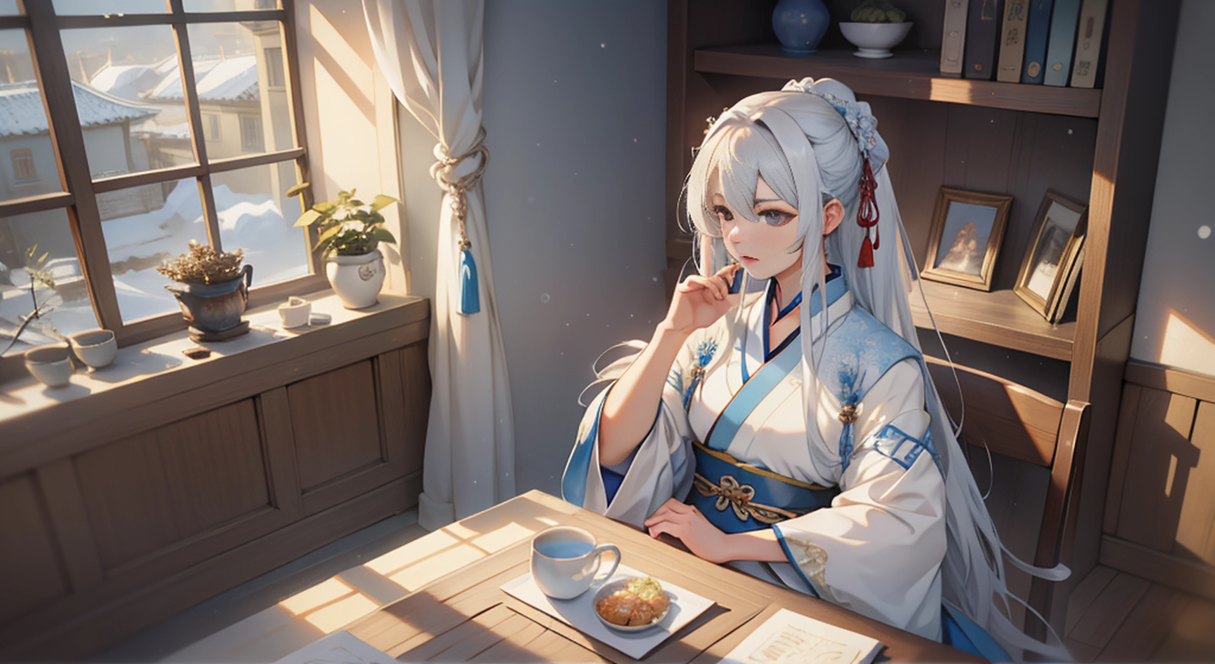 One wearing blue clothes，long, Flowing white hair、Alpha image of a woman with beautiful hairstyle，palaces，A girl in Hanfu，Very popular on cgstation，Guviz-style artwork，Guwitz，Inspired by Du Qiong，Inspired by Ma Yuanyu，8K）），Cold winter，winter solstice，Wear thick clothing，There is a fur collar，nevando，Winter view，beautiful snowy landscape，indoor table