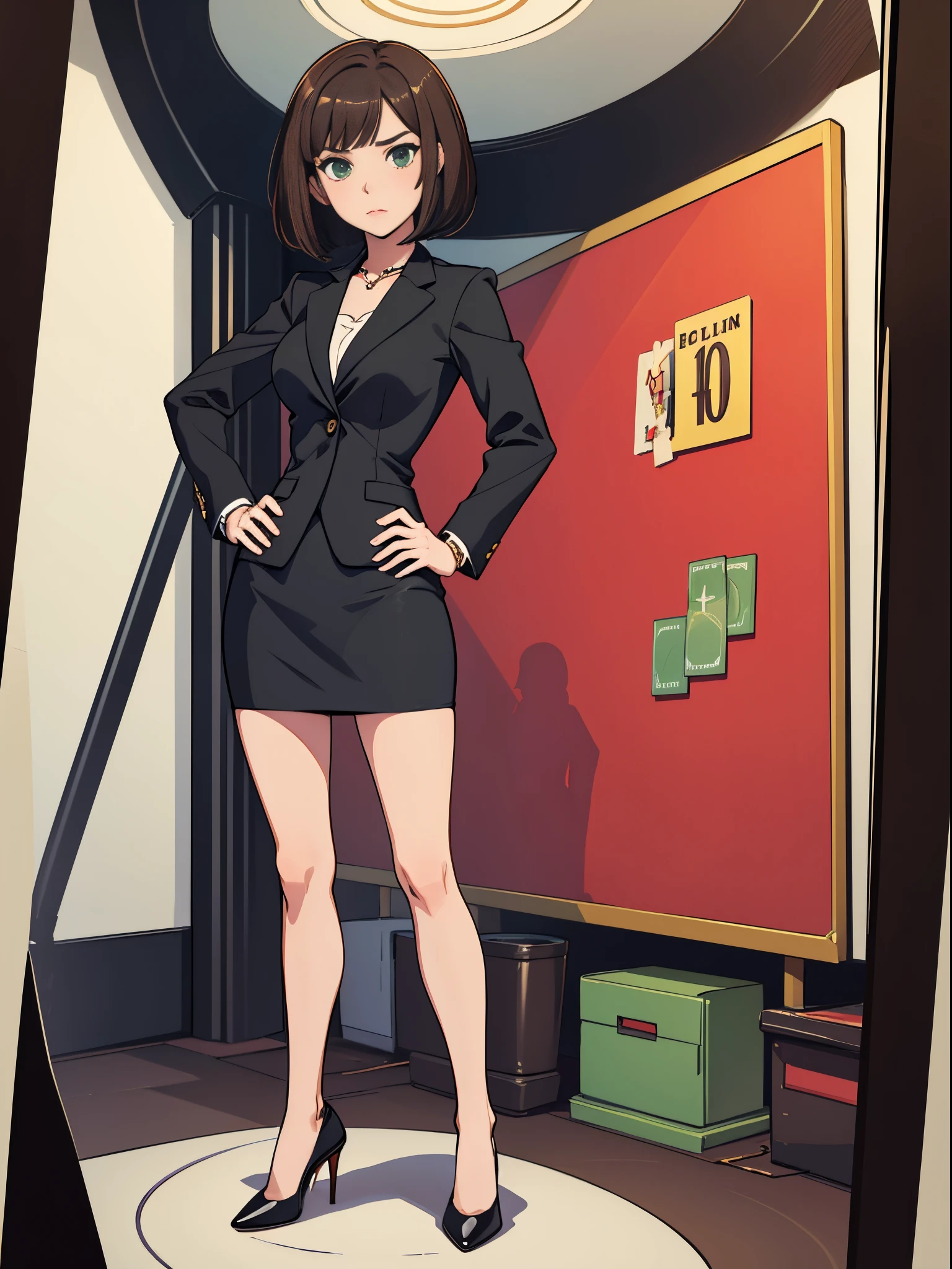 1girl, mature adult, dark-brown hair, suit, miniskirt, hand on hip, high heels, casino, bracelets, green eyes, solo, single, pencil skirt, bare legs, bob hair, short hair, solo, single