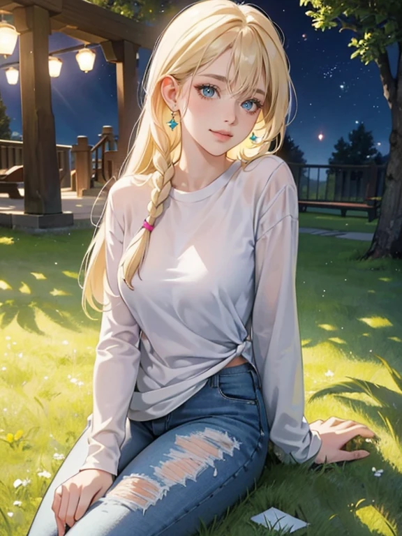 mature woman, medium breasts, pale blonde hair with bangs, hairstyle: side braids, bright green eyes, pink lips color, smiling happily at viewer, Surrealism, anime style, depth of field, 8k, super detail, high details, Cinematic lighting, night time, shadow over face, Close-up, camera from the bottom up, hyper HD, Masterpiece, High details, detailed light, detailed shadow, detailed background. wearing a white tshirt and ripped jeans, full body image, background: park, trees, grass, playground, pose: sitting on a bench