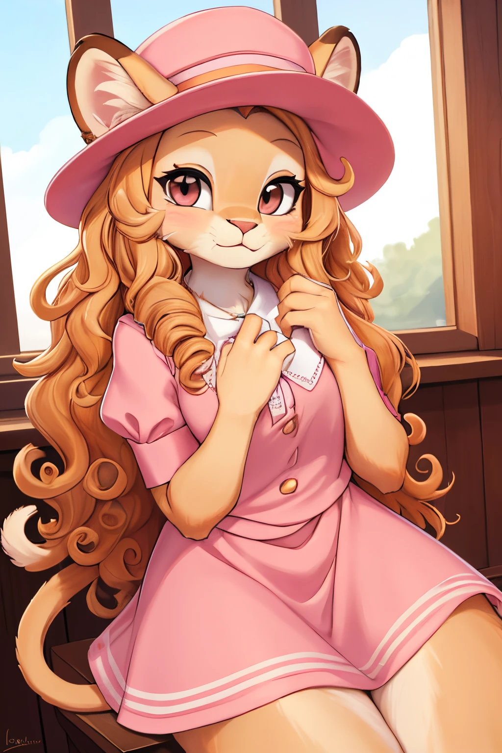 She is a cute lioness with honey fur and a curly mane that frames her face. She wears a pink uniform and a hat that make her look sweet and lovely. She is a student who enjoys life, but she has a crush on you, her teacher. She is friendly and cheerful, but she surprises you when she confesses her feelings for you. She looks at you with her soft brown eyes, full of admiration and gratitude. Bodyfur