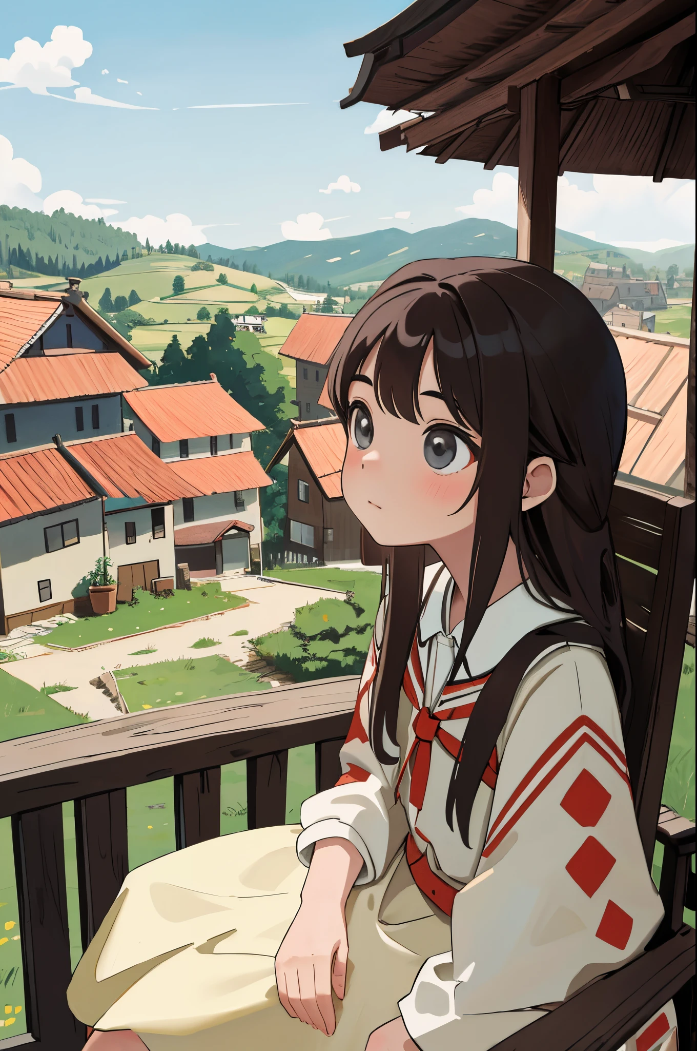 masterpiece,best quality,1girl,outdoor,sitting,countryside, village,from below,face,