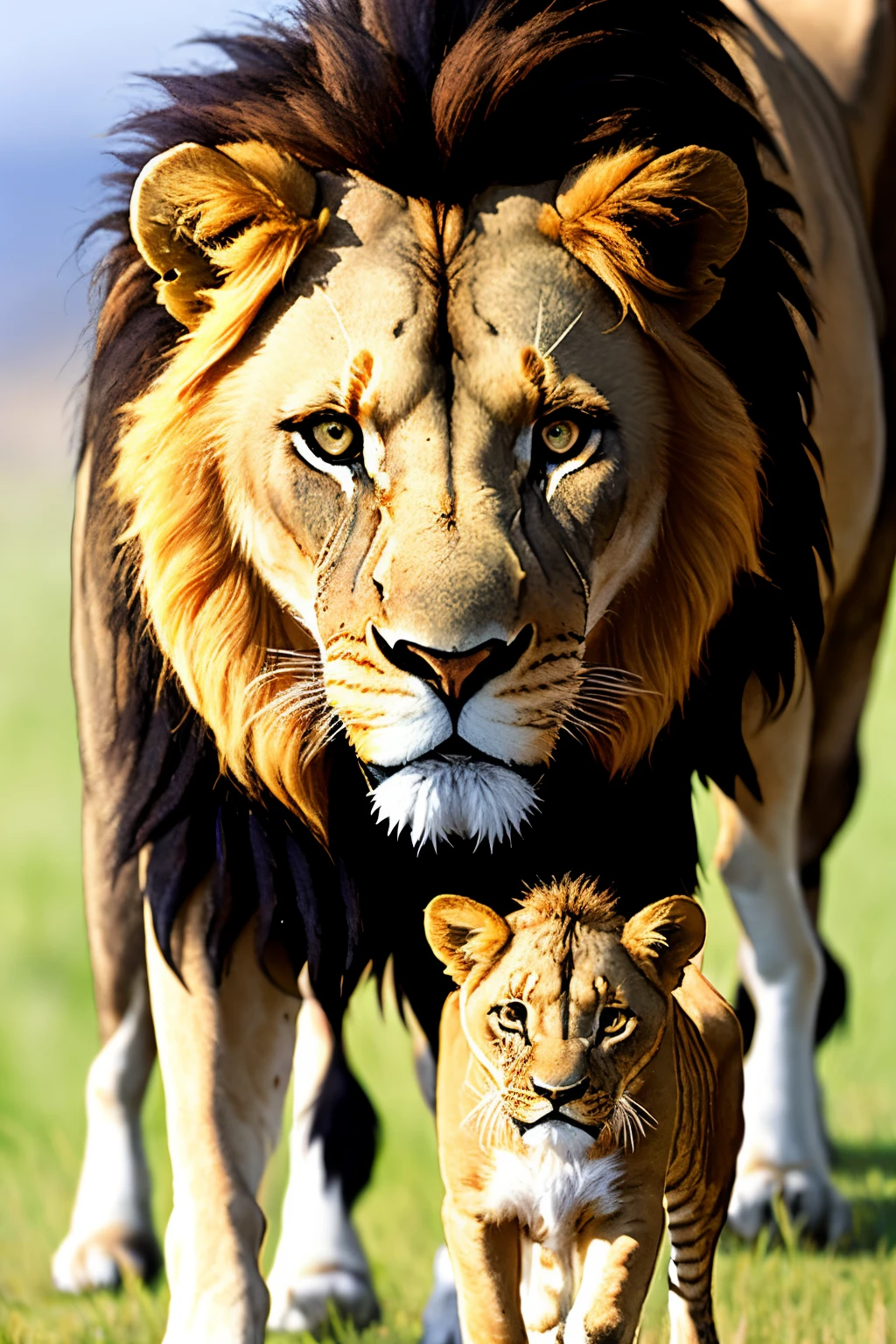 A lion with a determined look is followed by a calf