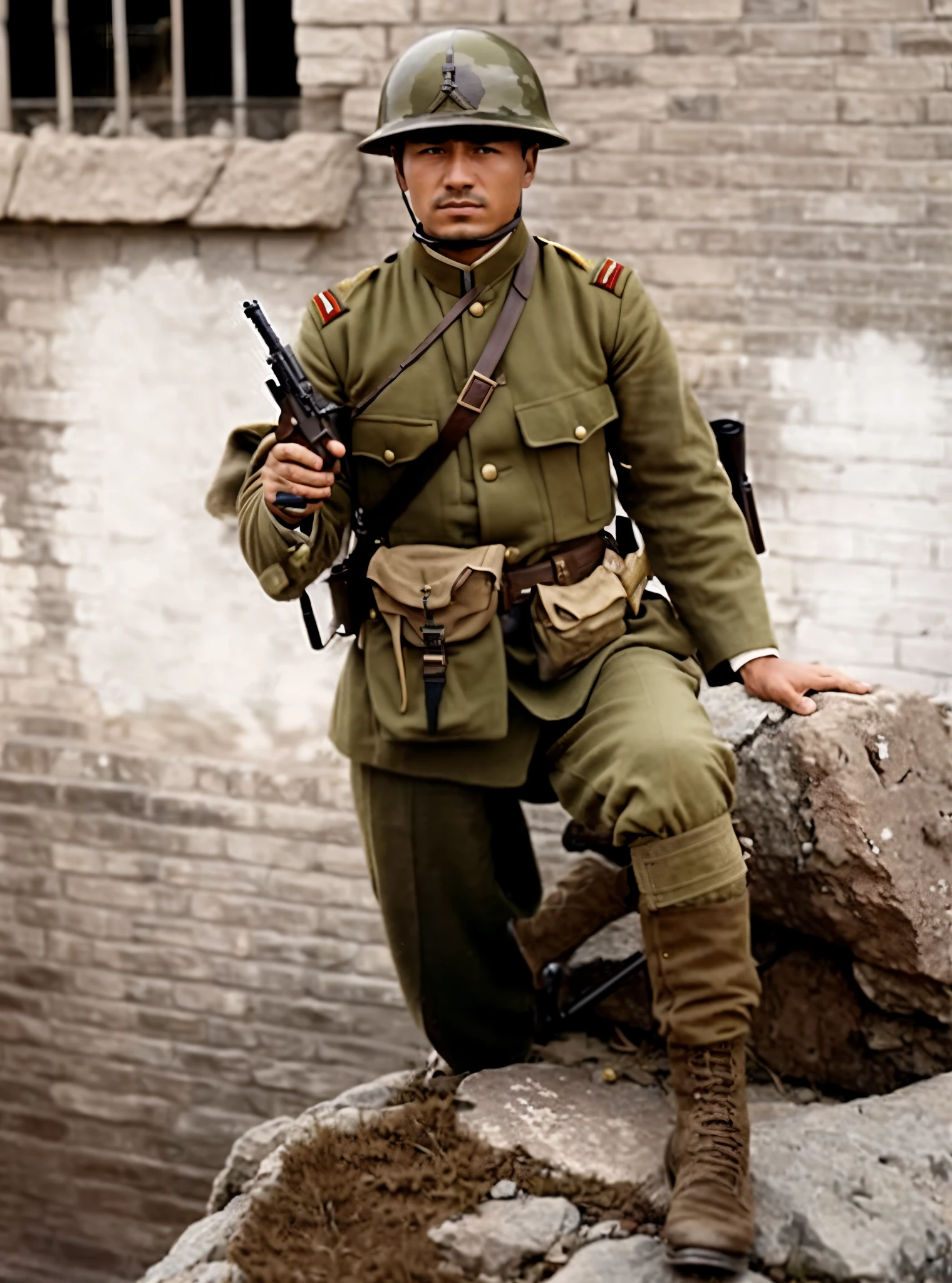 arafed soldier in uniform sitting on a rock with a gun, japan soldier in world war 2, colourized, colorized, wearing russian ww 1 clothes, kurdish soldier, colourised, award winning colorized photo, colorized photo, colorized photograph, a colorized photo, russian ww 1, 1 8 0 0 s soldier, colorized 1 9 0 4 photo, ww 1