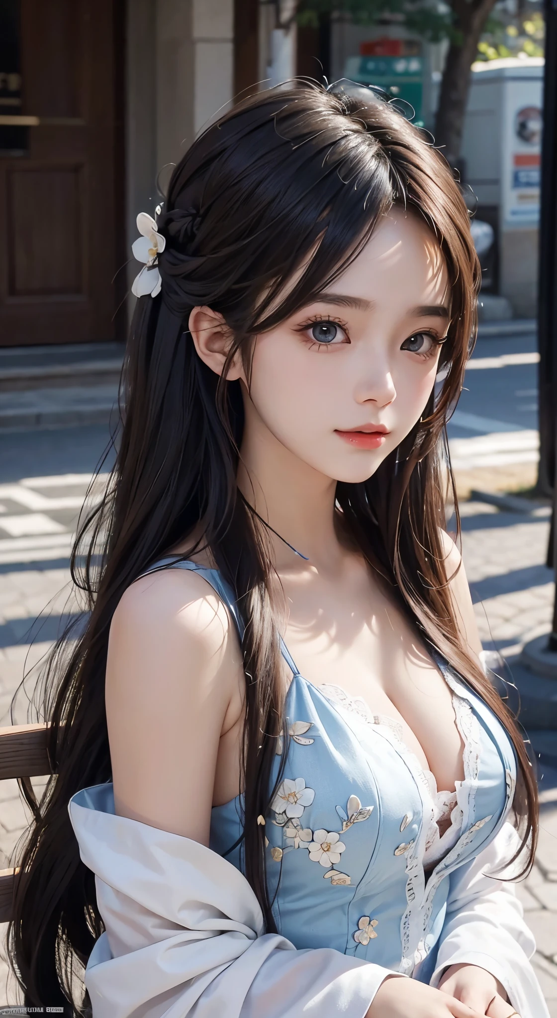 8K Ultra HD, masutepiece, Best Quality, beautiful Girl, Long hair, Impressive hairstyle, beautiful hair decoration, girl, ssmile, A sexy, large boob, lighting like a movie