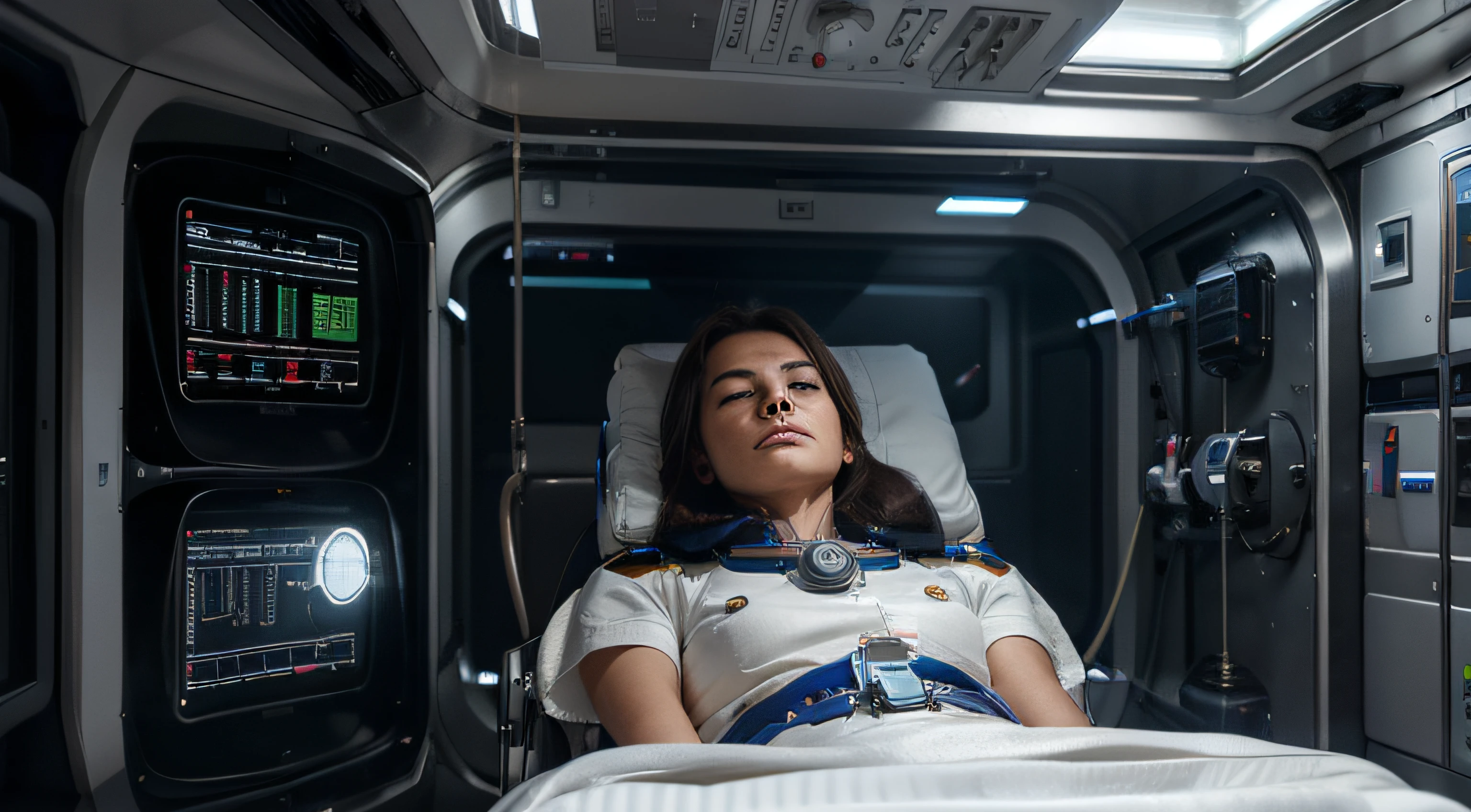 Advanced treatment system in space, with a sense of technology, the patient is lying on a ventilator, the metallic details are realistic, hyper-realistic, the picture is bright, wide angle, high reality, light and dark