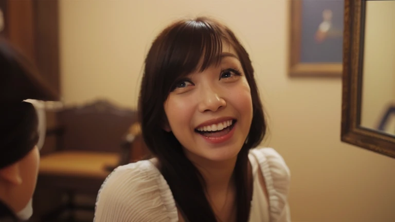 highly detailed RAW color Photo of  a woman that is taking a selfie in the mirror, chiho, she is smiling and excited, teasing smile, ayami kojima amano, she expressing joy, 奈良美智, ayaka, けもの, very huge smile, happy!!!, excited facial expression, tsutomo nihie, very excited,4k, masterpiece, high res, high quality, best quality, uhd, realism, Ultra realistic, 16k, photo-realistic, spray tan, detailmaster2, steampunk style, 
HZ Steampunk
