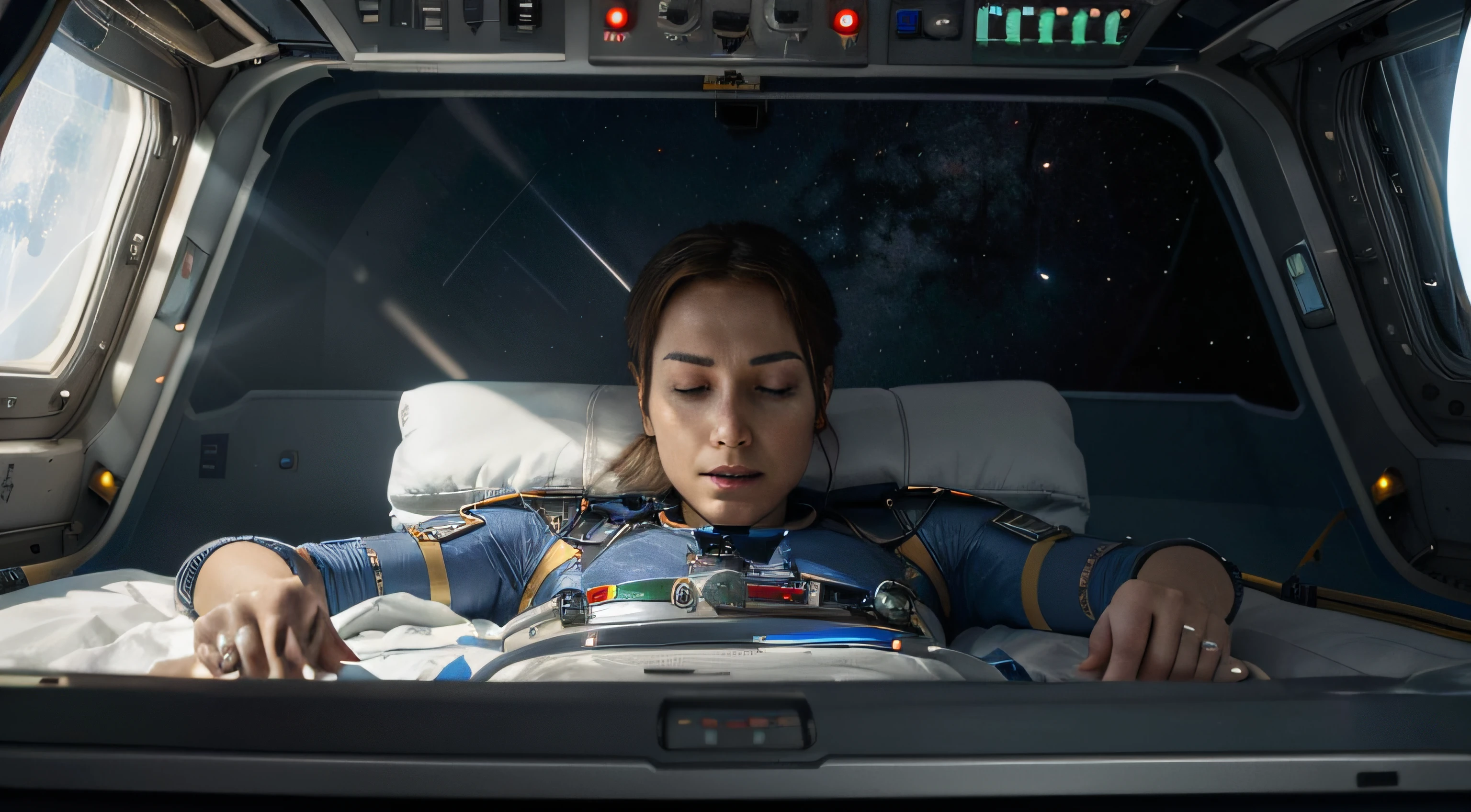Advanced treatment system in space, with a sense of technology, the patient is lying on a ventilator, the metallic details are realistic, hyper-realistic, the picture is bright, wide angle, high reality, light and dark