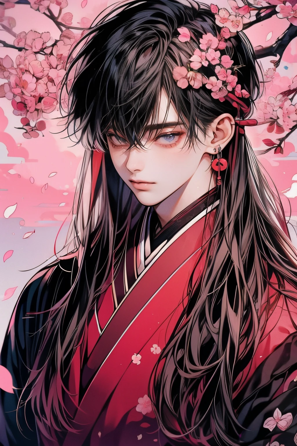 1boy, upper body, expressionless, japanese clothes, long hair, solo, cherry blossoms, looking at viewer, boy, man, male, (((handsome)))