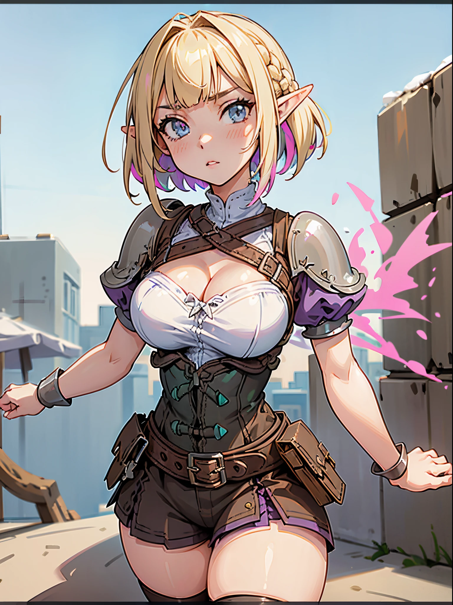 1girl, 32k, absurdres, amber eyes, armor, armored boots, armored dress, asymmetrical bangs, belt, blonde hair, blunt bangs, bob cut, bored, boots breasts, bursting breasts, bustier, ((busty)), ((buxom)), chest harness, cleavage, clouds, corset, elf, expressionless, eyelashes, eyeliner, fantasy, forehead, ((framed breasts)), gauntlets, groin, hair ornament, hair ribbon, half updo, harness, heterochromia, highres, high-waist skirt, ((large breasts)), ((lean)), legs, ((lissom)), long legs, looking at viewer, medium hair, multicolored eyes, narrow waist, outdoors, pauldrons, pelvic curtain, pink eyes, pink lips, pointy ears, pouch, purple eyes, serious, short hair, shirt shorts, shorts, shorts under skirt, sidelocks, sidelocks tied back, skindentation, skirt, sky, ((slender)), ((slight)), ((slim)), slim legs, ((small)), solo, straight hair, ((svelte)), tareme, thick lips, thick thighs, thighs, thighhighs, thigh boots, thigh strap, ((thin)), town, underbust, vambraces, village, ((willowy)), zettai ryouiki