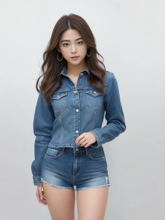 A woman wearing a denim jacket and shorts poses for a photo, wearing a jeans jackets, jean jacket, Denim jacket, with two front pockets, Wearing denim, double denim, denim, Double denim wearing, Blue jacket, cropped shirt(With Jacket), half image, harmony blue jacket, Wearing jeans, image in center, jia, jeans, Short jacket, Blue, Single image