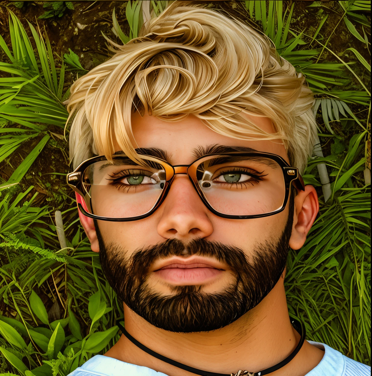 there is a man with glasses and a beard in a photo, homem loiro, olhos azuis claros, bonito impressionante realista, franja de cabelo hipster, cara loiro, avatar com um cabelo loiro, cavanhaque loiro pequeno, with glasses and goatee, com o rosto muito detalhado, rosto foto-realista, retrato masculino da fantasia, rosto detalhado realista, rosto realista altamente detalhado, retrato de ultra realista