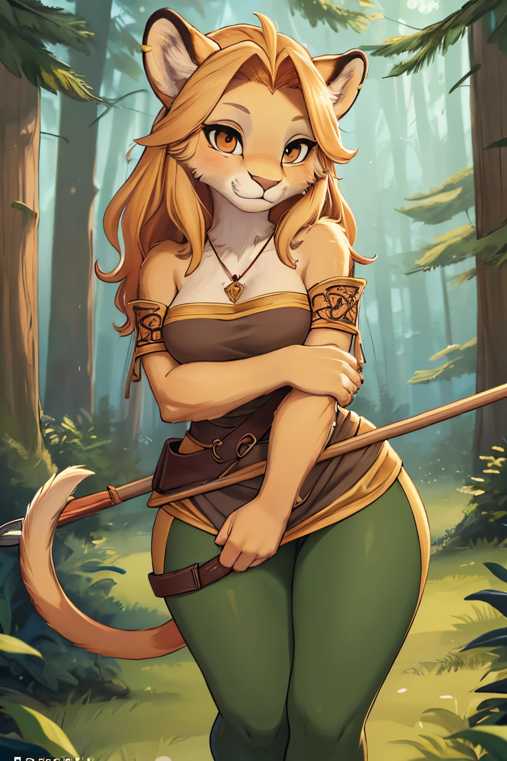 She is a lovely lioness with amber fur and a voluminous mane that falls over her shoulders. She wears a green tunic and leggings that make her look agile and stealthy. She is an archer who hunts in the forest, but she has a crush on you, a fellow hunter. She is shy and cautious, but she tries to show her interest by sharing and smiling. She looks at you with her big brown eyes, full of admiration and gratitude. Bodyfur