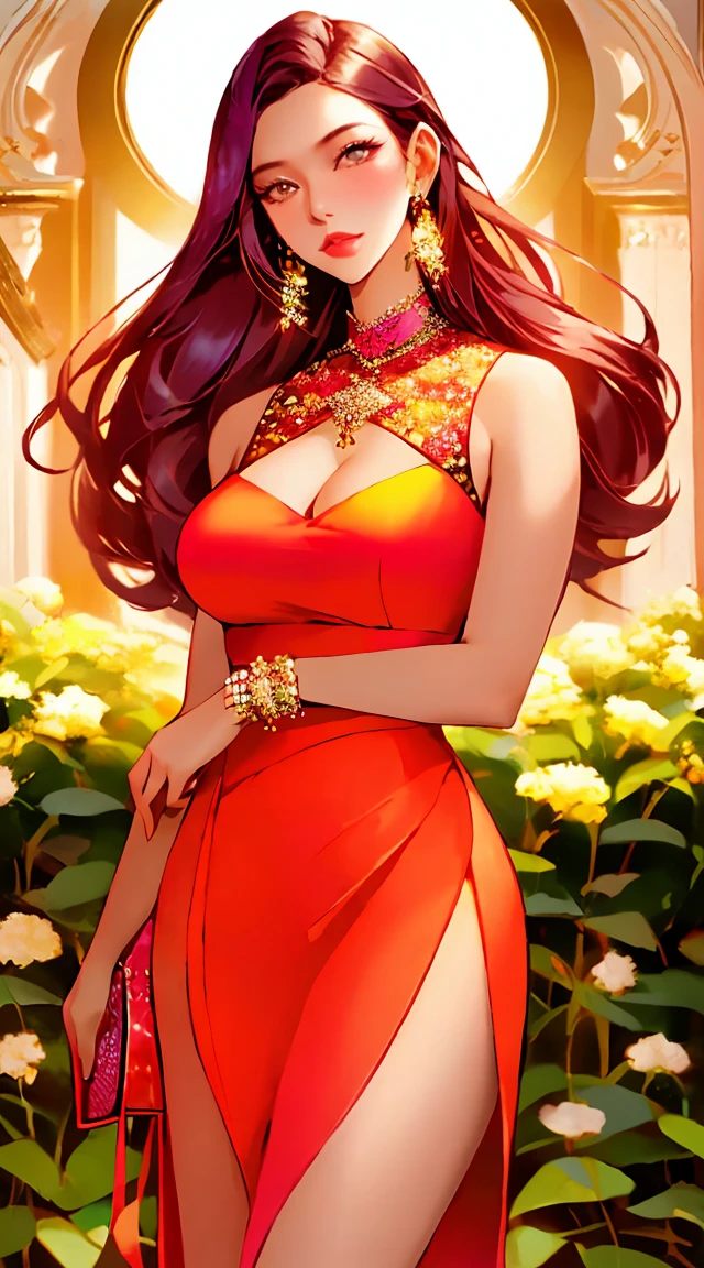 A beautiful female model, wearing a stylish skirt and carrying a fashionable handbag, stands in a modern setting surrounded by lush foliage. The scene is captured in a stunning photography style, emphasizing every detail with ultra-high 8K resolution. The model exudes elegance and confidence, portraying the essence of modern femininity. The vibrant colors and vivid tones add an artistic touch to the image, creating a visually captivating masterpiece. The lighting is expertly utilized to enhance the model's features, casting a soft glow that accentuates her beauty.