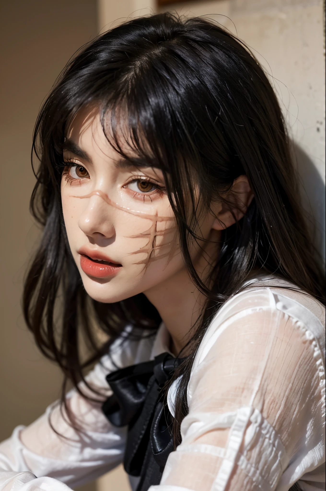 (hyper-realistic), (illustration), (high resolution), (8K), (extremely detailed), (best illustration), Yoru ( Chainsaw Man ), (beautiful detailed eyes), (best quality), (ultra-detailed), (masterpiece), (wallpaper), (detailed face), solo, upper body, 1 girl, long black hair, Korean, thin eyeshadow, well-detailed eyes, brown eyes, small moles under the eyes, long sleeve shirt, neck bow, small breasts, pinafore dress, dynamic pose, low lighting, night, dark,
